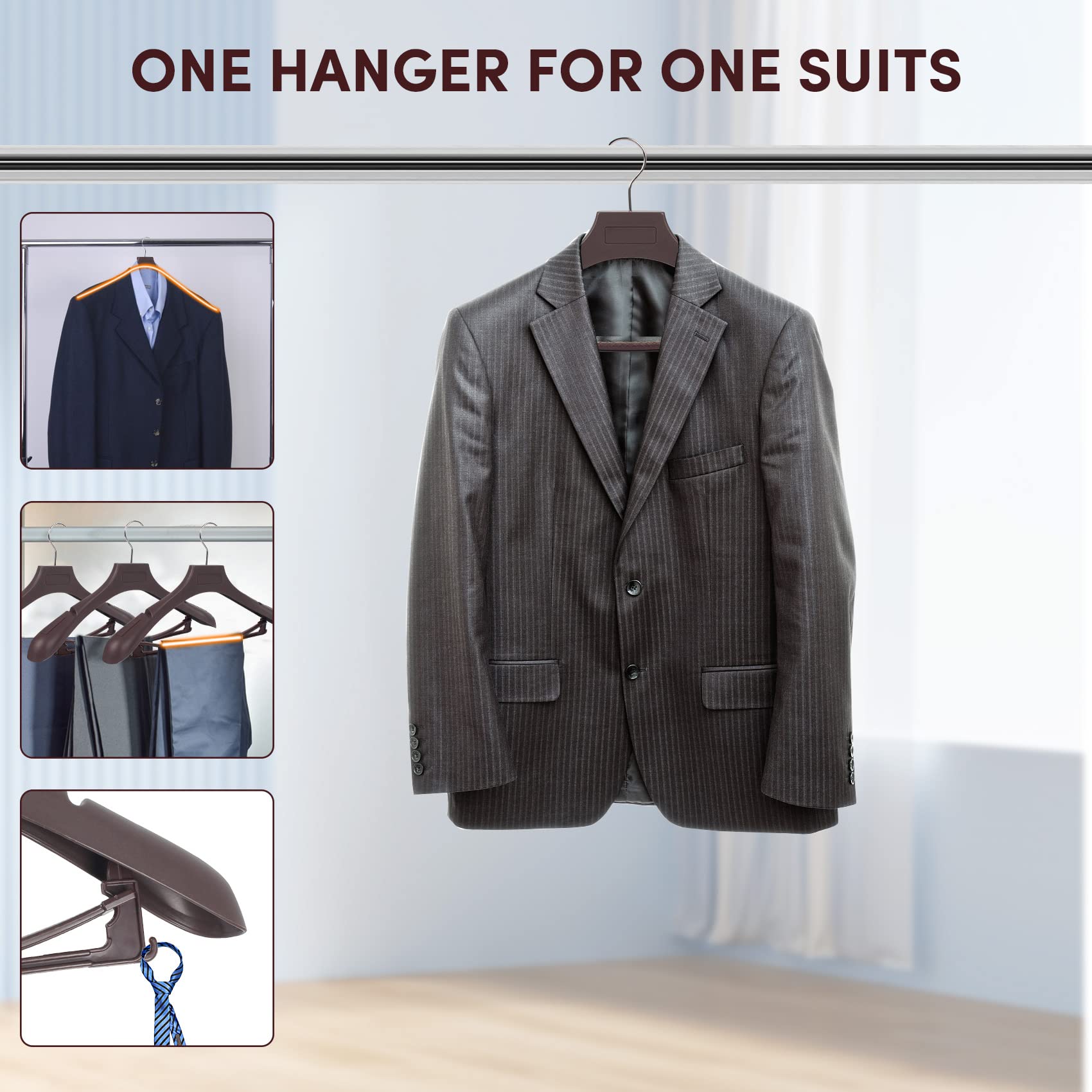 Dedu Suit Hangers For Men 40 Pack, Extra Wide Hangers Non Slip Width 17.7'', Brown Coat Hangers Thick Plastic With Pants Bar 360