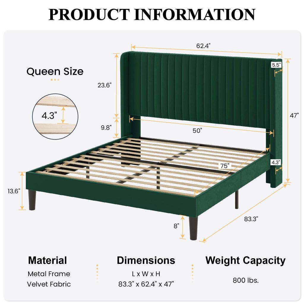 Sha Cerlin Queen Size Velvet Bed Frame With Vertical Channel Tufted Wingback Headboard, Upholstered Platform Bed With Wood Slats, No Box Spring Needed, Easy Assembly, Green