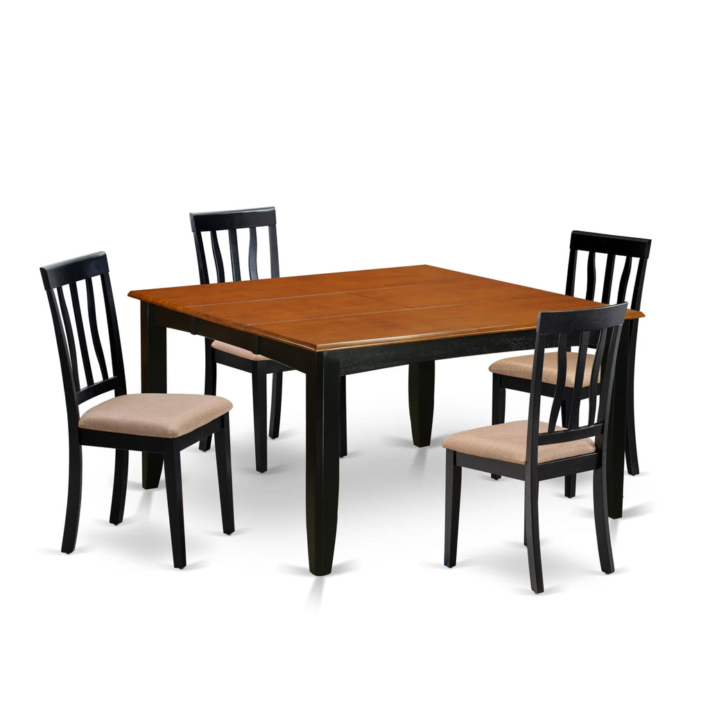 East West Furniture PFAN5-BCH-C 5 Piece Kitchen Table Set for 4 Includes a Square Dining Room Table with Butterfly Leaf and 4 Linen Fabric Upholstered Chairs, 54x54 Inch, Black & Cherry