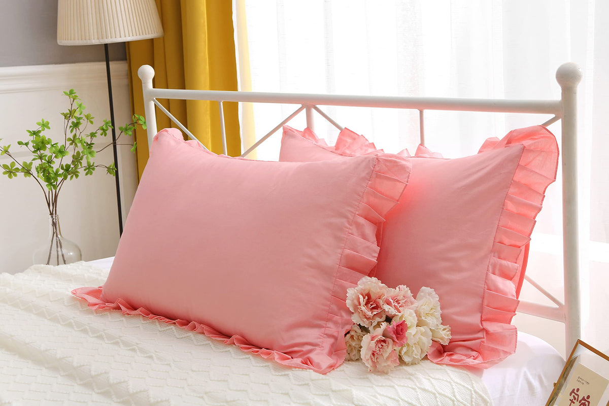 Meaning4 Egyptian Cotton Ruffles Pillow Shams Coral Pink Queen Size 2Pieces 30'X20' Soft Thick