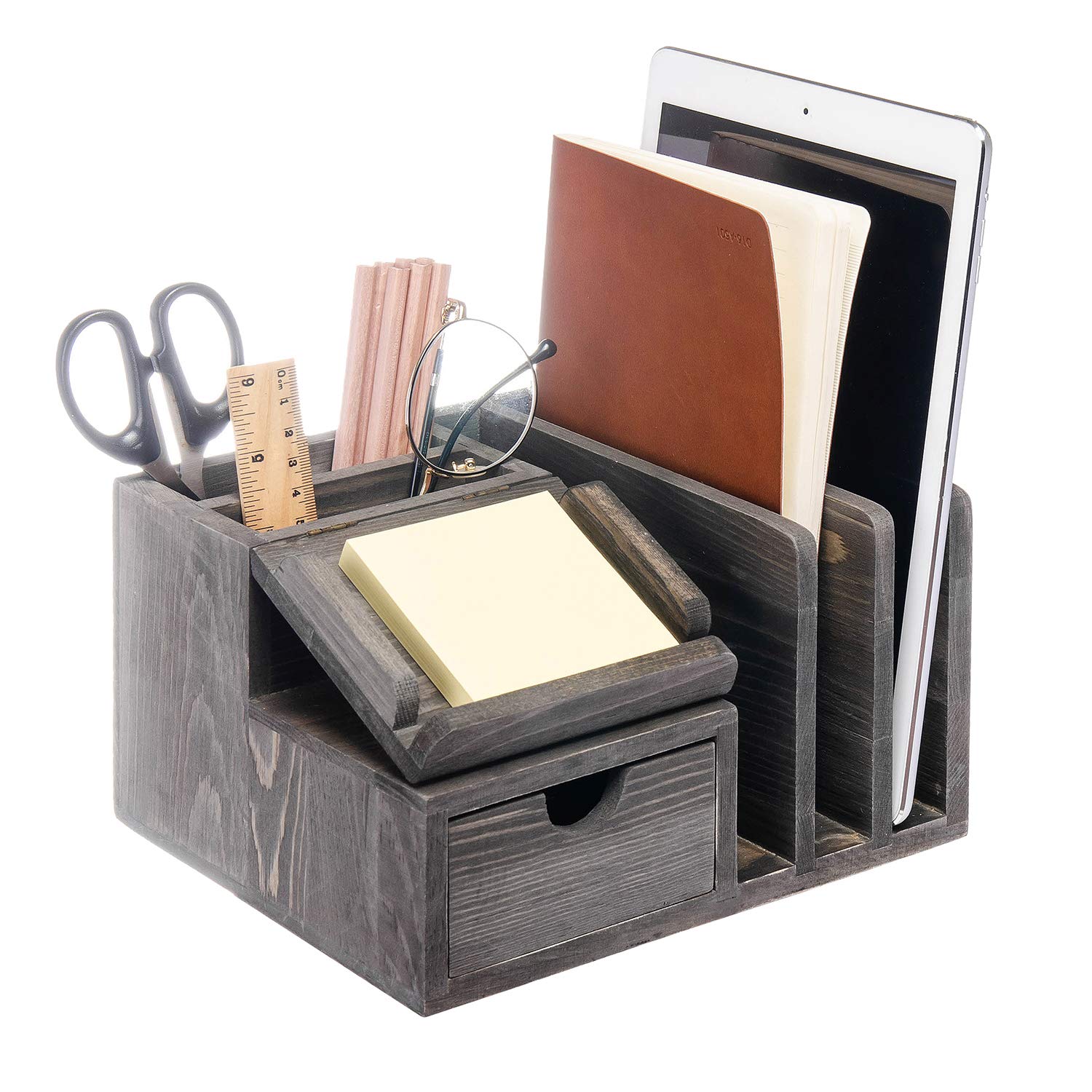 Liry Products Gray Rustic Wood Desk Organizer Storage Cabinet Mail File Paper Sticky Note Memo Pad Folder Office Supplies Caddy