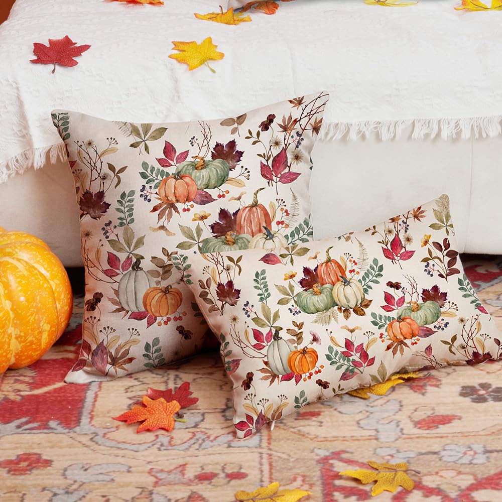 DFXSZ Fall Pillow Covers 20x20 inch Set of 2, Pumpkin Maple Leaf Design, Autumn Thanksgiving Farmhouse Decor for Couch, White