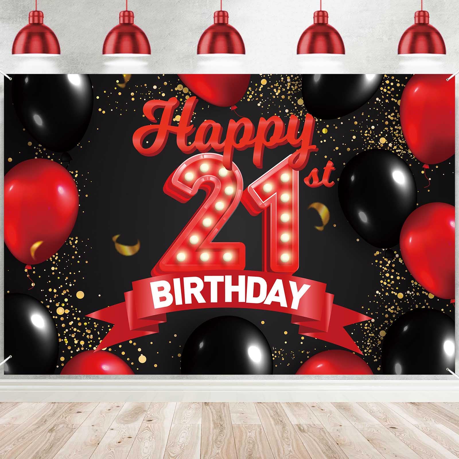 Happy 21st Birthday Red and Black Banner Backdrop Decorations Balloons Theme Decor for Girls Women Princess 21 Years Old Birthda