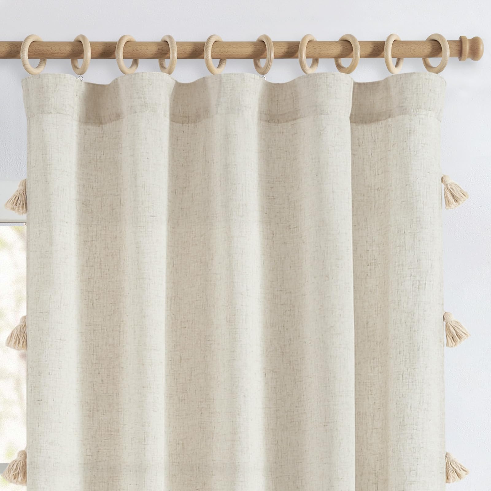 Jinchan Linen Curtains With Tassels Curtains For Living Room 96 Inches Long Boho Curtains Rod Pocket Back Tab Pom Poms Linen Farmhouse Bedroom Curtains Semi Sheer 2 Panels Ecru Window Curtain Set