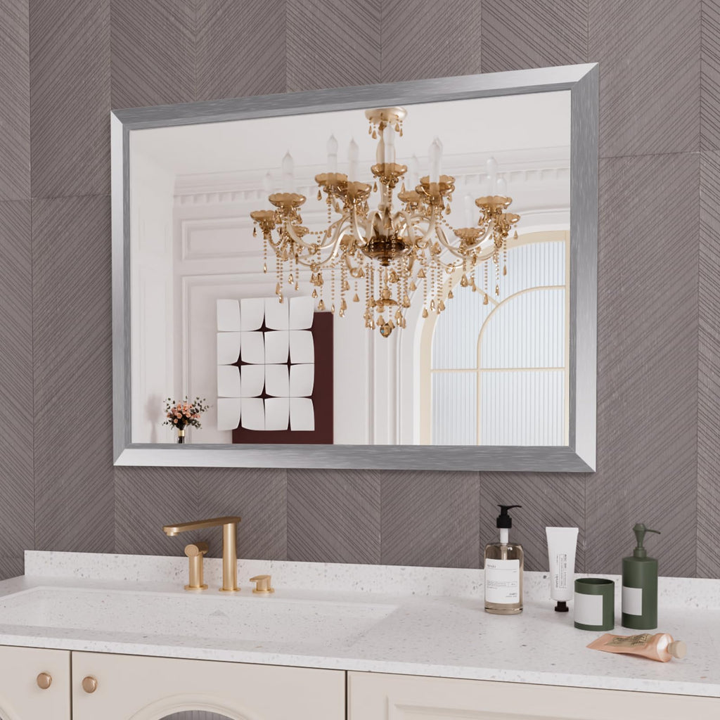 Amorho 48X36 Inch Bathroom Mirror Silver, Thick Metal Framed Wall Mirrors For Over Sink, Brushed Nickel Mirror Perfect For Bedro