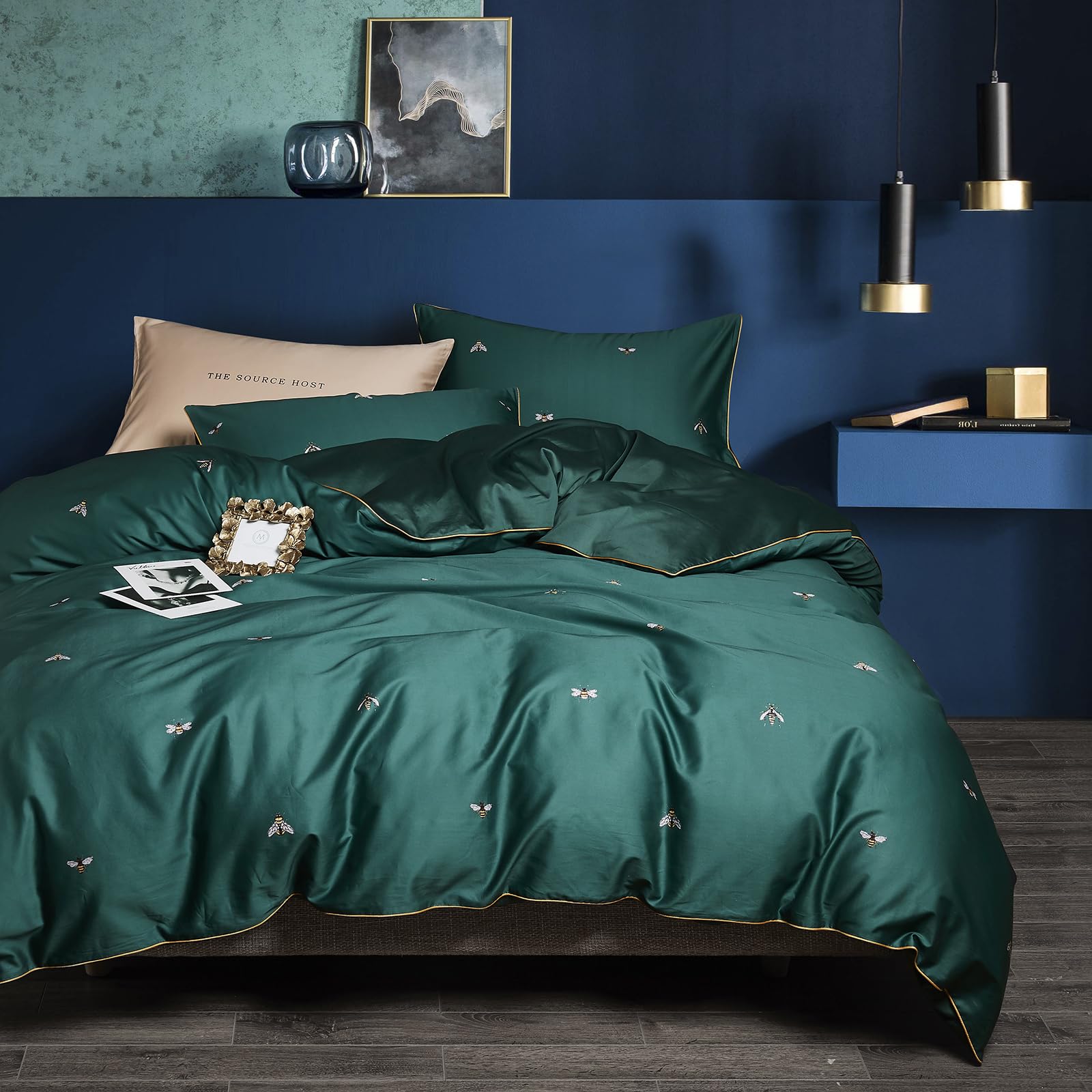 Mixinni Dark Green Duvet Cover King Size, 100% Long Staple Cotton Honeybee Floral Pattern 3Pc Bedding Duvet Cover Set With Zippe