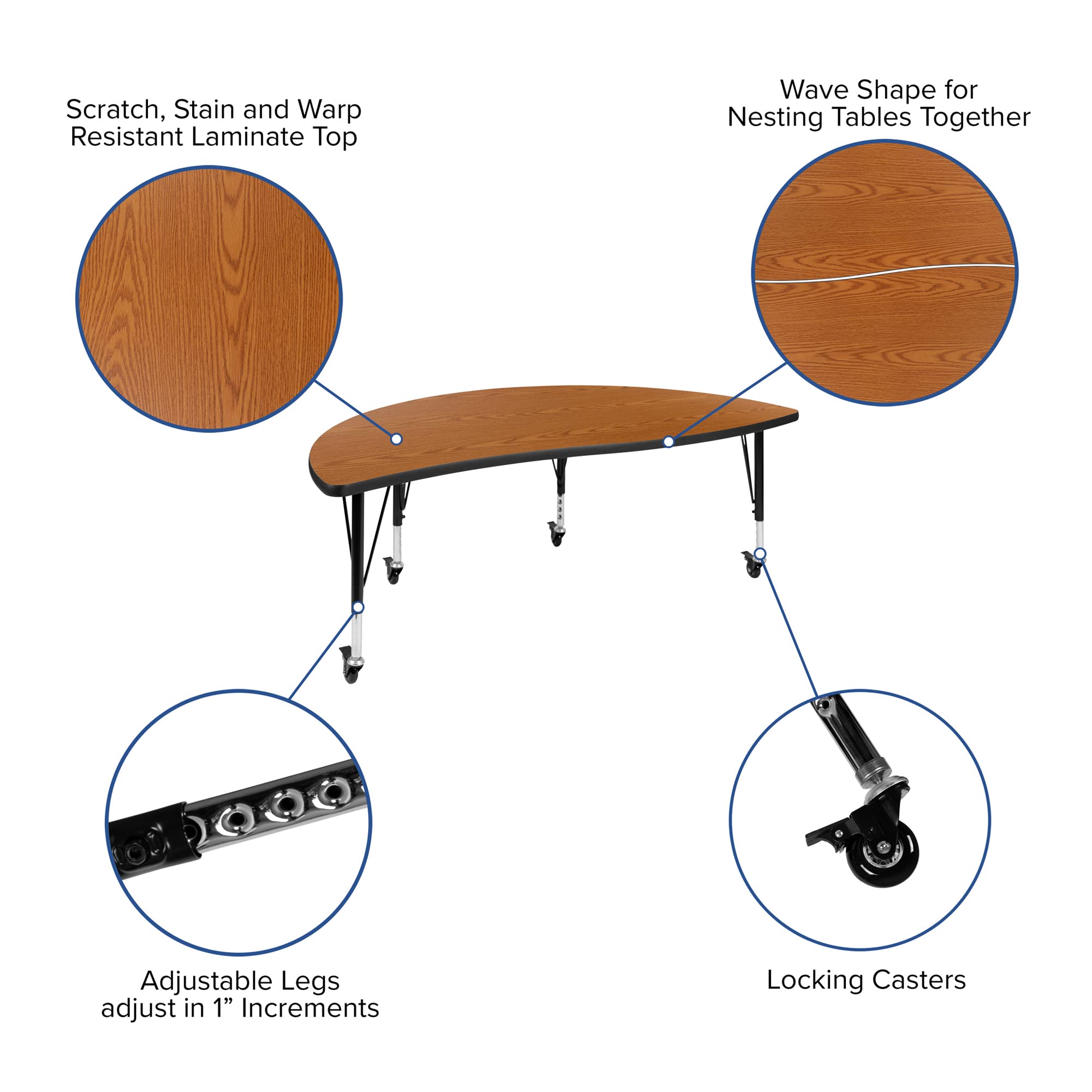 Flash Furniture Emmy 3 Piece Mobile 86" Oval Wave Flexible Oak Thermal Laminate Activity Table Set - Height Adjustable Short Legs