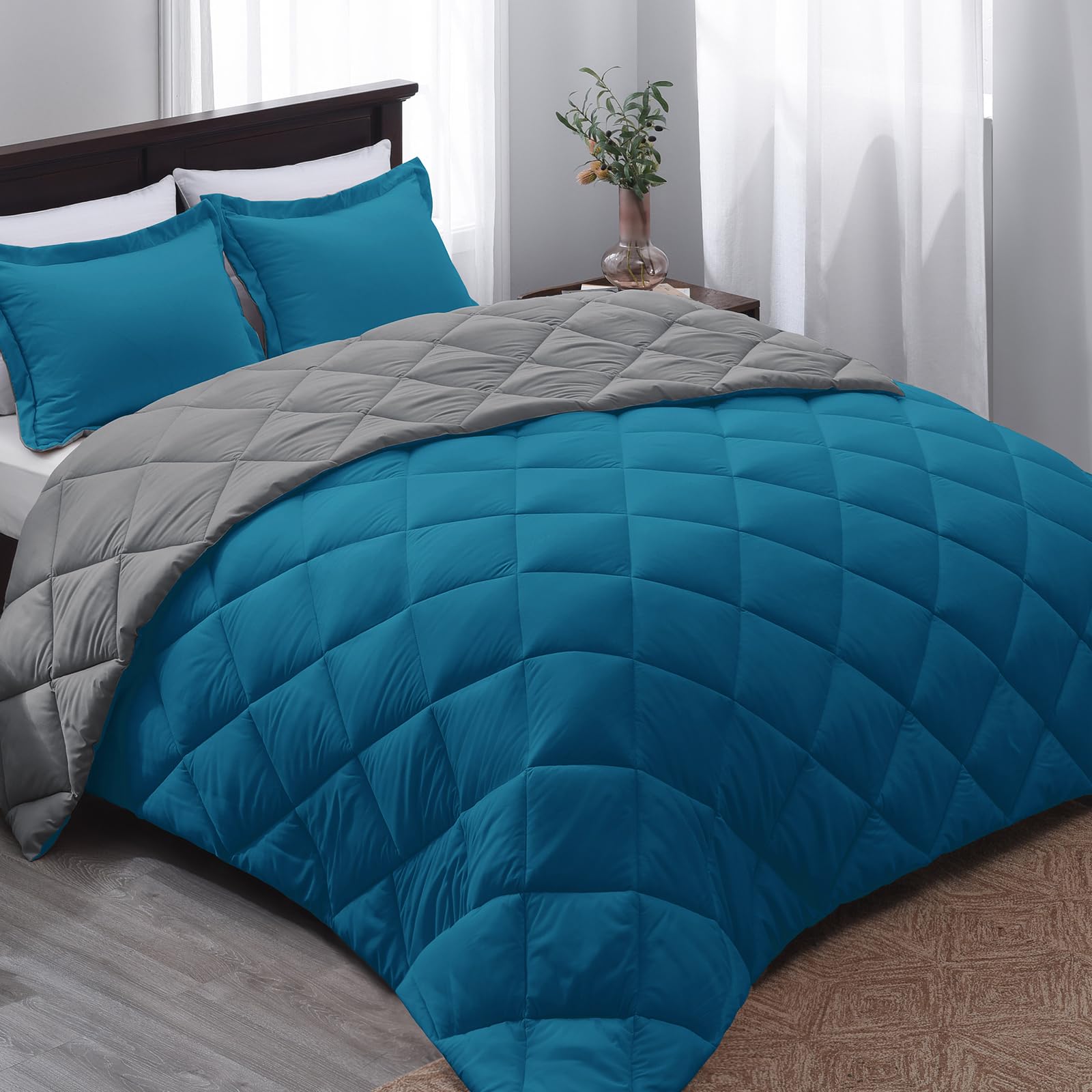 Basic Beyond Queen Comforter Set - Blue Comforter Set Queen, Reversible Bed Comforter Queen Set For All Seasons, Algiers Blue/Charcoal Gray, 1 Comforter (88'X92') And 2 Pillow Shams (20'X26'+2')
