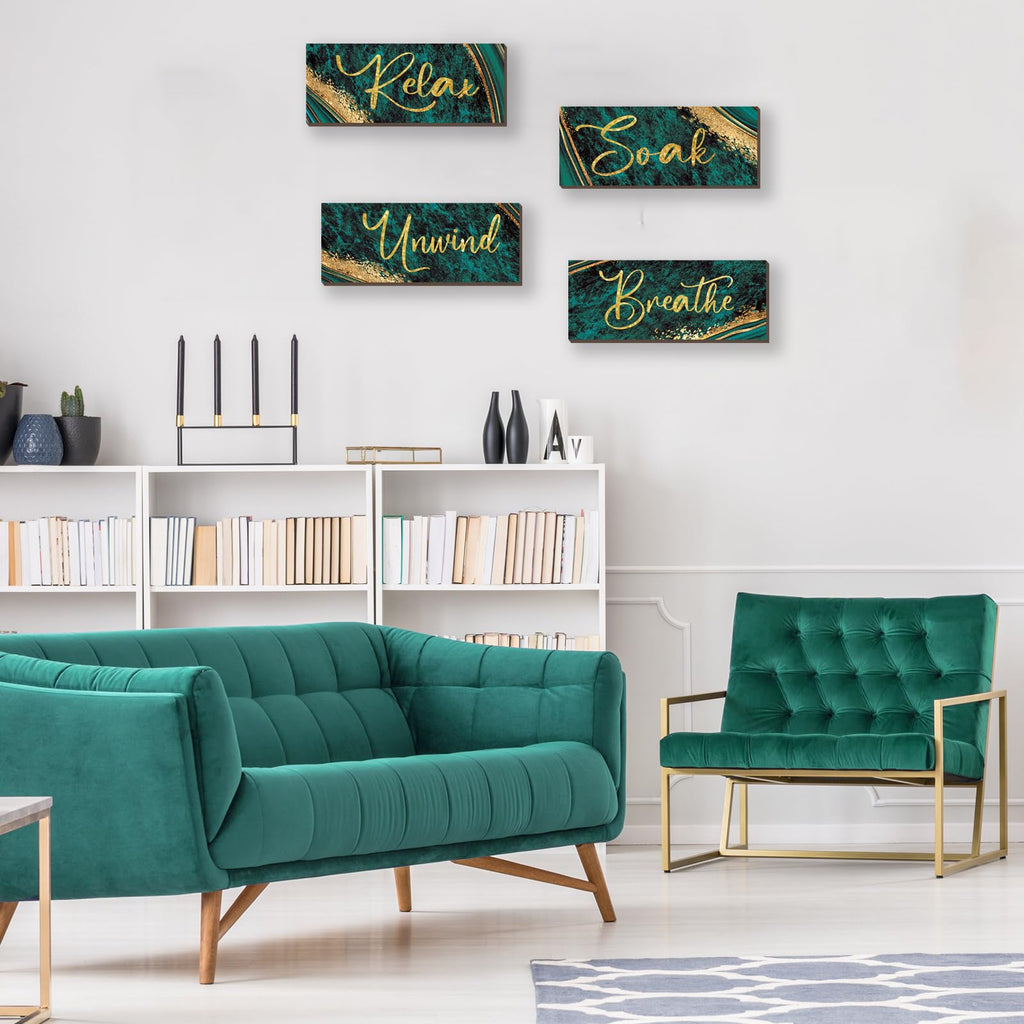 Onizhity 4 Pcs Large Green And Gold Bathroom Decor Green Gold Wall Decor Relax Soak Unwind Breathe Wood Rustic Marble Bathroom A