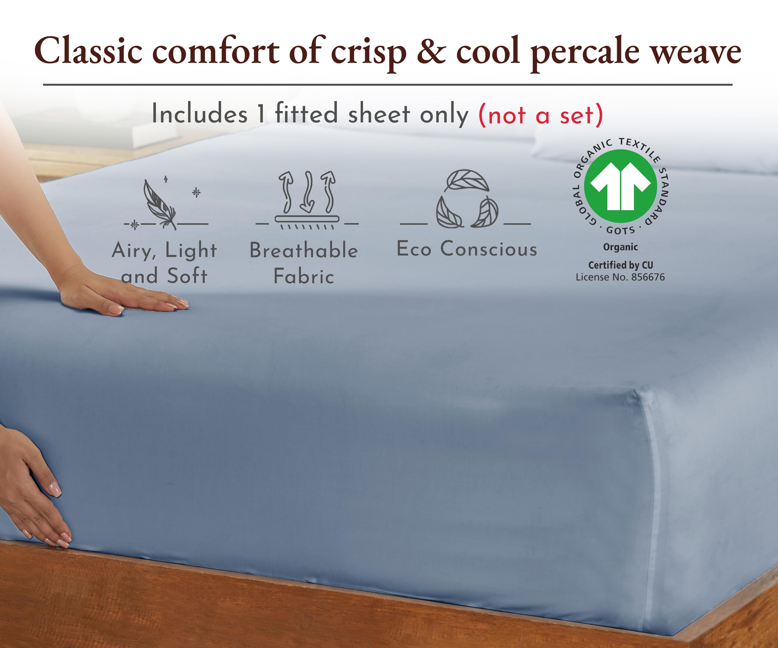 California Design Den Cal King Sheets Deep Pocket Only, 100% Organic Cotton Fitted Sheet, Percale Gots Certified, Cotton Fitted Sheet, Lightweight, Snug-Fit, 1 Pc Fitted Sheet Only (Blue Hydrangea)