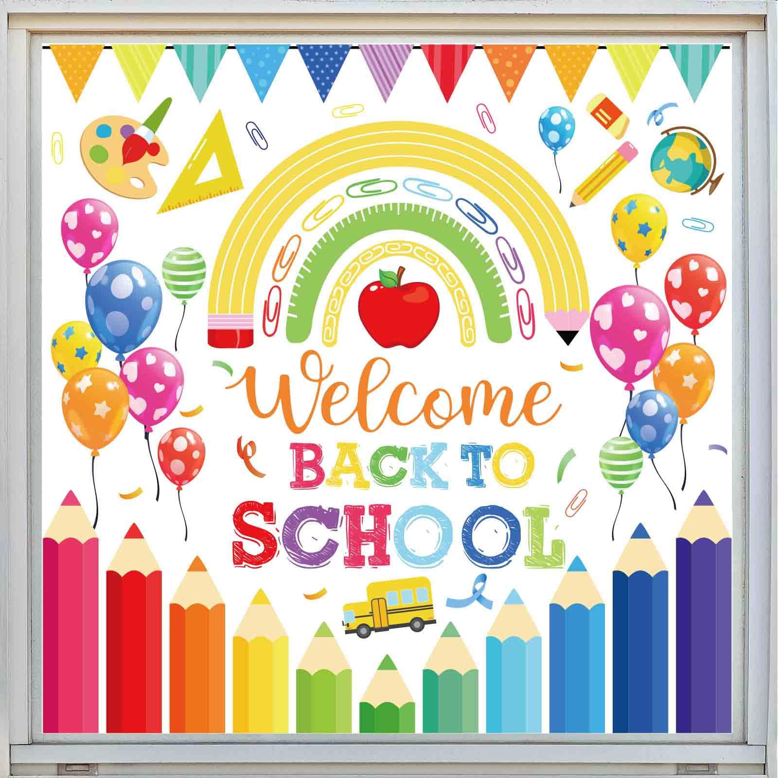 Generic AnyDesign 6 Sheet Welcome Back to School Window Clings Colorful Pencil Rainbow Balloon Reusable Window Decals for First 