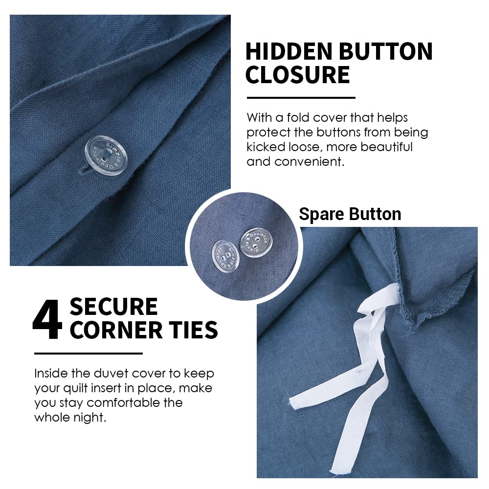 Simple&Opulence 100% Linen Duvet Cover Set 3Pcs Basic Style Natural French Washed Flax Solid Color Soft Breathable Farmhouse Bedding With Button Closure - Classic Blue, King