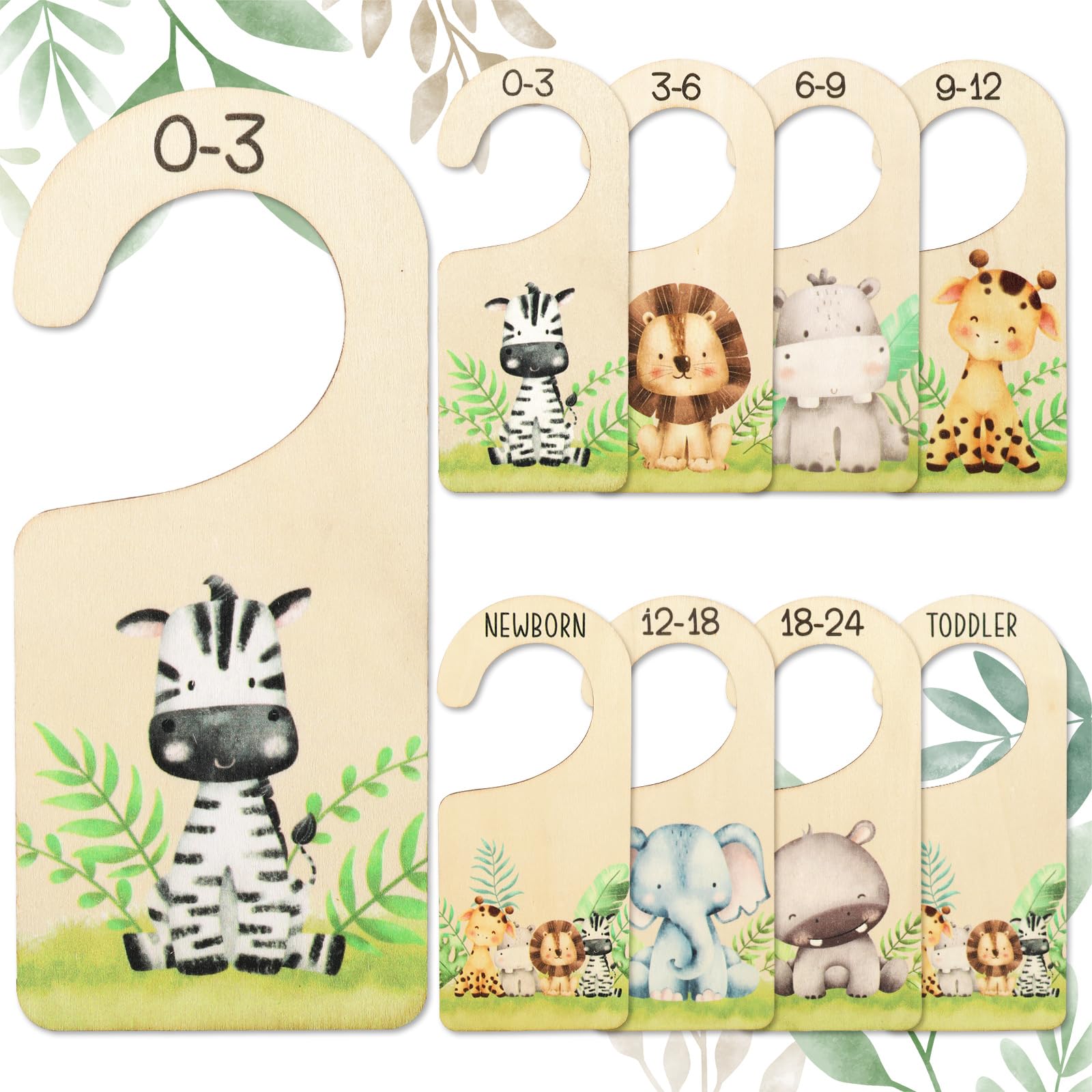 Whaline 8Pcs Baby Closet Size Dividers Watercolor Safari Animals Hanging Wooden Baby Closet Organizer Newborn to 24 Months Thick