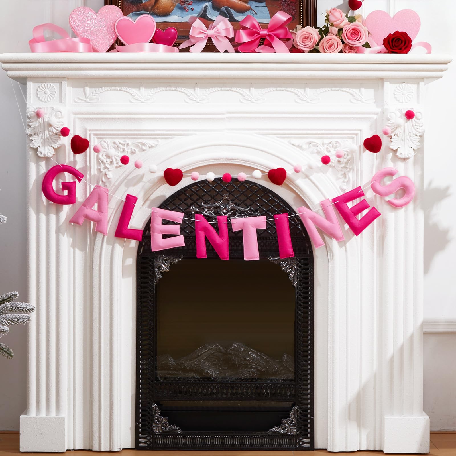 HunnmingRe 2 Pcs Pre Strung Happy Galentine s Day Banner, Galentine s Day Decorations, Hanging Pink Heart Felt Garlands Pompom