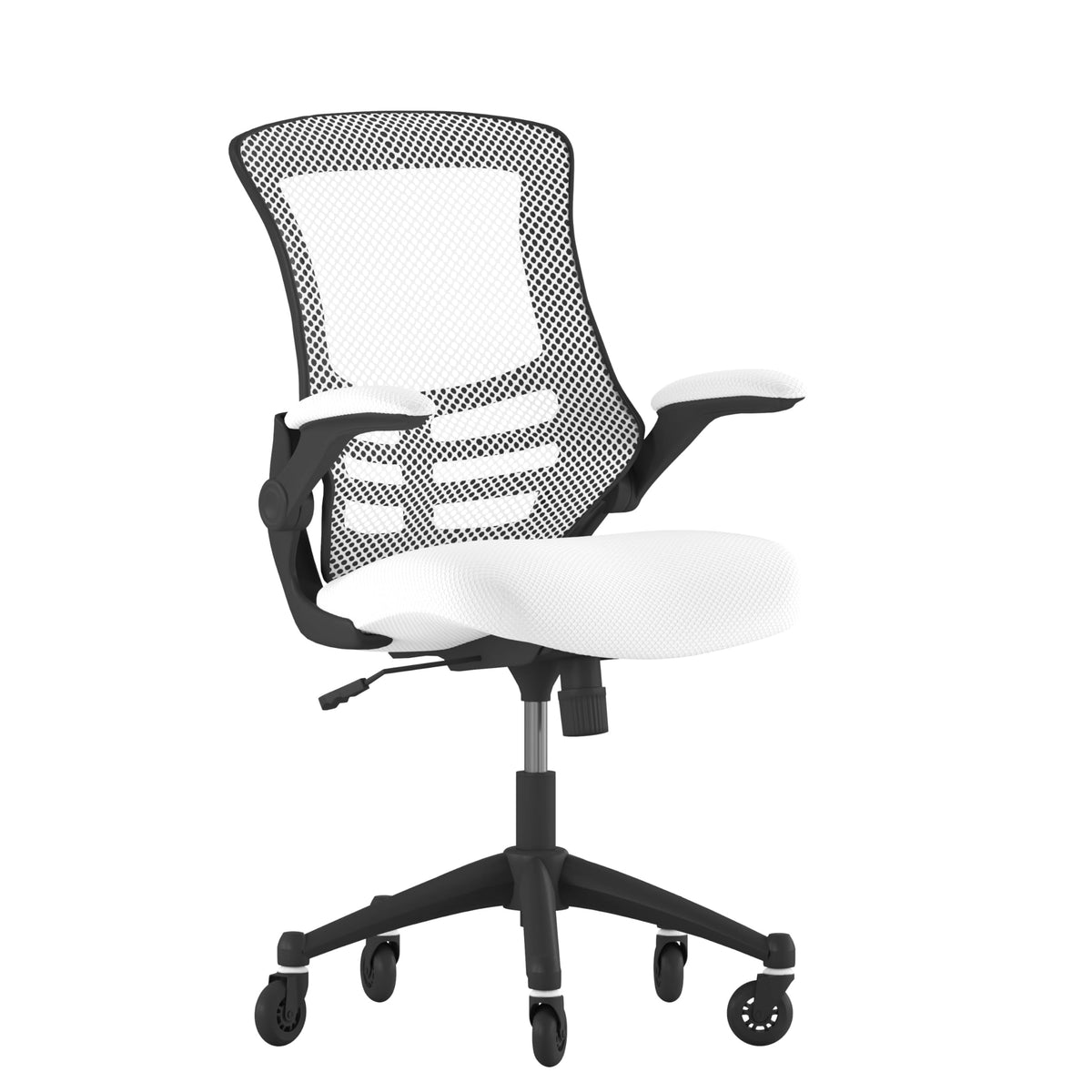 Flash Furniture Kelista Mid-Back White Mesh Swivel Ergonomic Task Office Chair With Flip-Up Arms And Transparent Roller Wheels