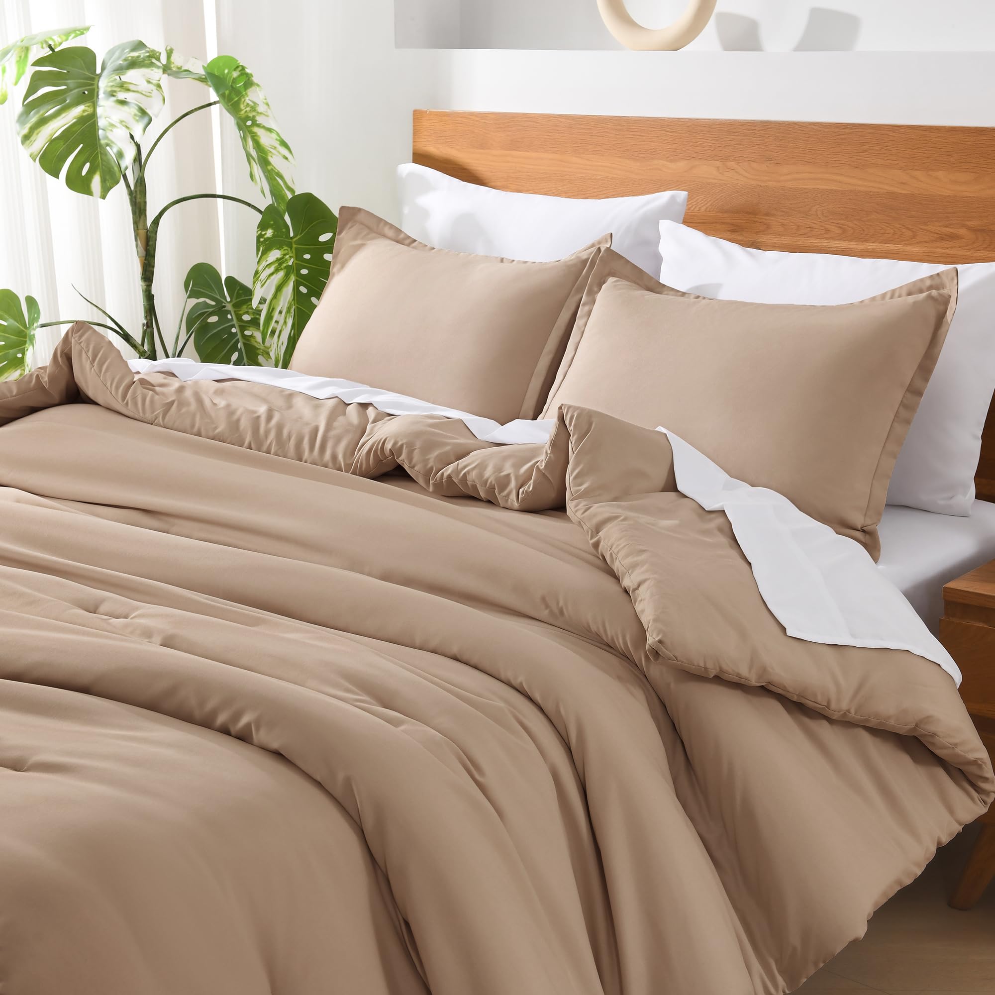Andency Taupe Queen Comforter Set - 7 Pieces Khaki Tan Bed In A Bag Queen Bedding Comforter Sets, Summer Solid Soft Lightweight Comforter With Fitted Sheets, Flat Sheets, Pillowcases & Shams