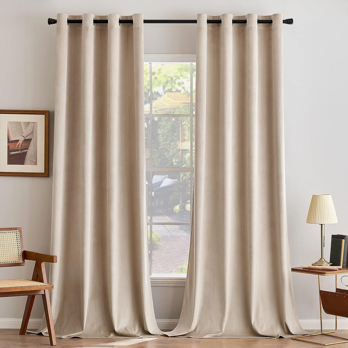 Knotting Home Plain Velvet Eyelet Door Curtains forLiving Room Bedroom Kitchen 7 feet 2 pc Pack in Beige Color