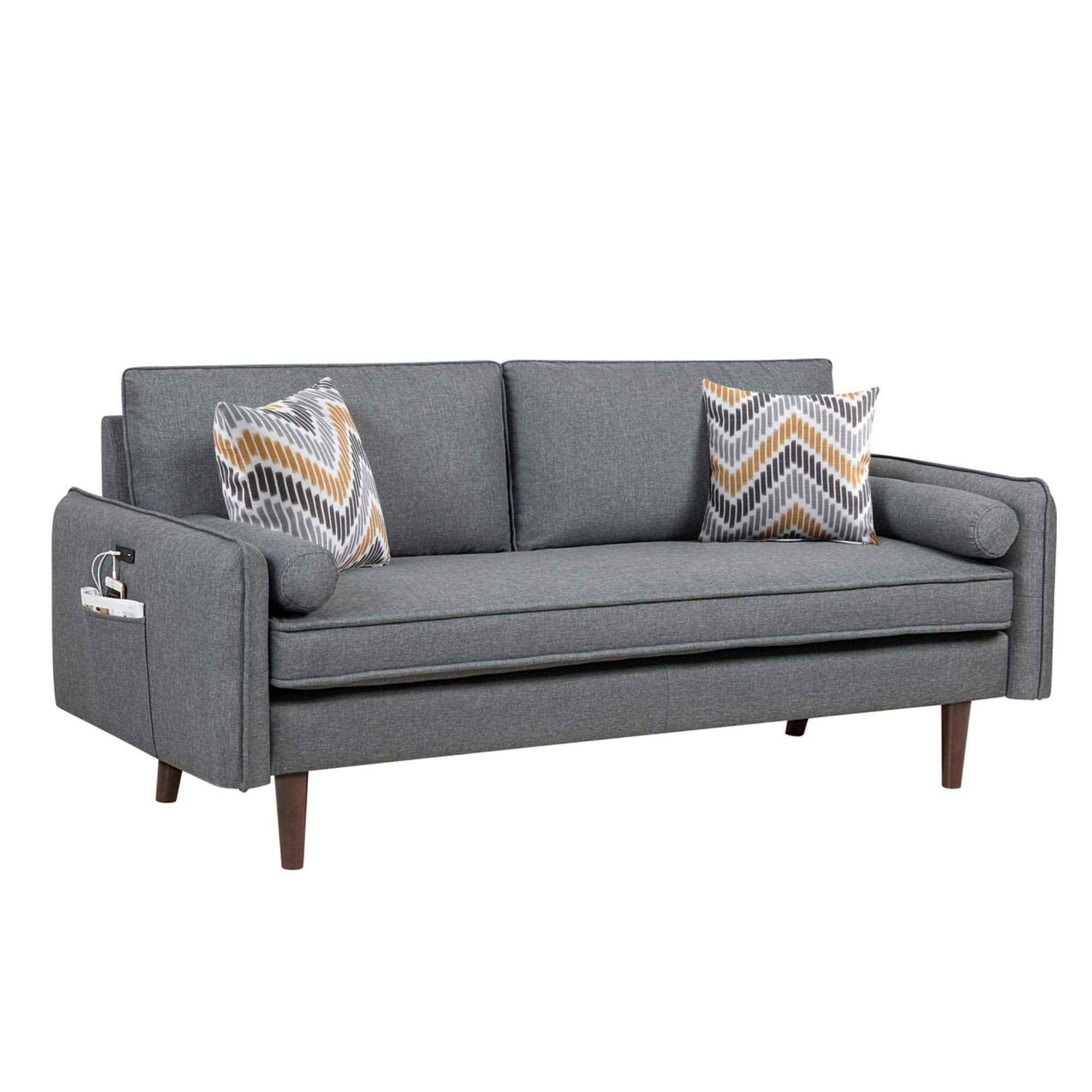 Lilola Home Mia Mid-Century Modern Gray Linen Sofa Couch with USB Charging Ports & Pillows