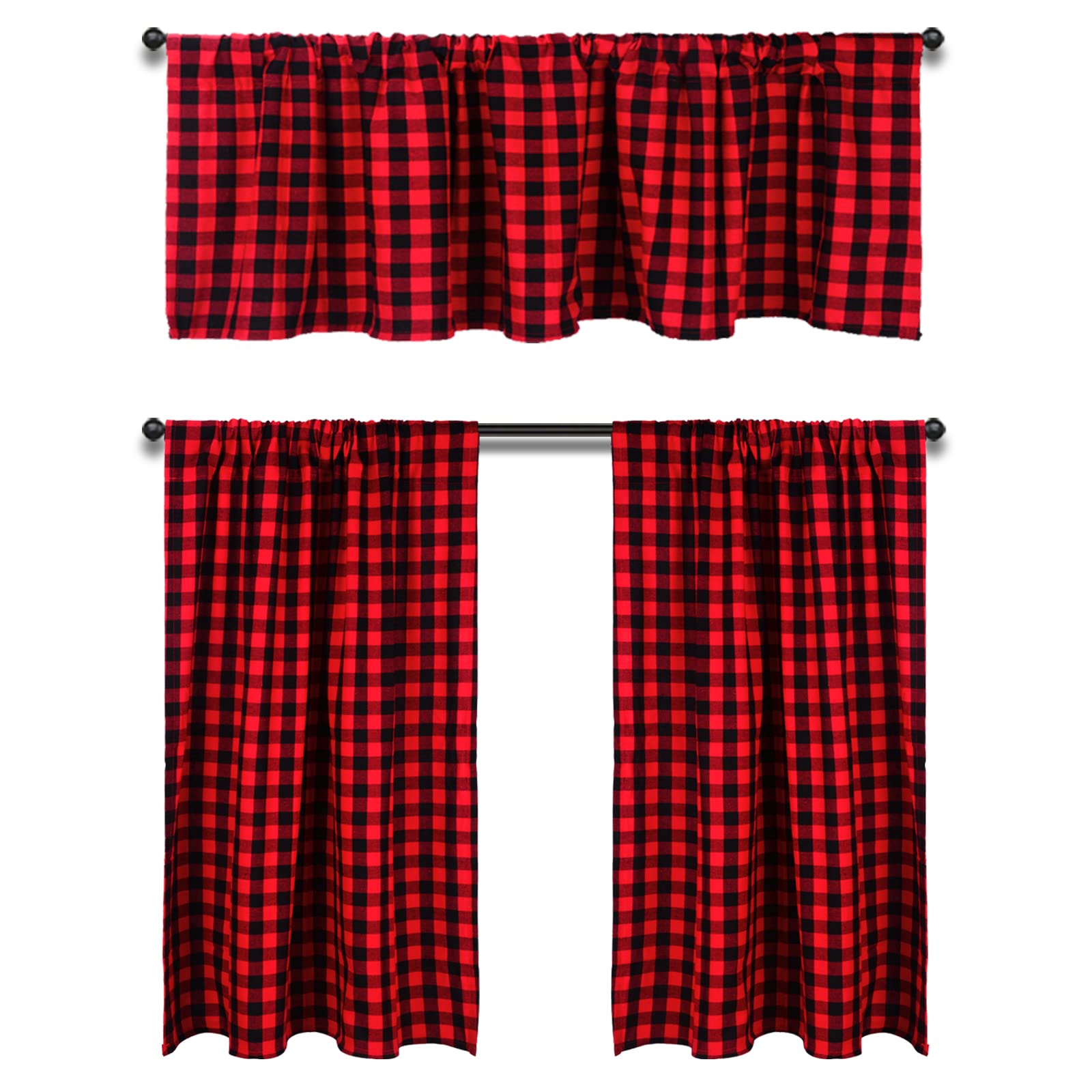 Htfdstar Valance Curtain Set, 3Pcs Cotton Buffalo Plaid, Farmhouse Kitchen Curtains, 58Wx15L, 29Wx36L