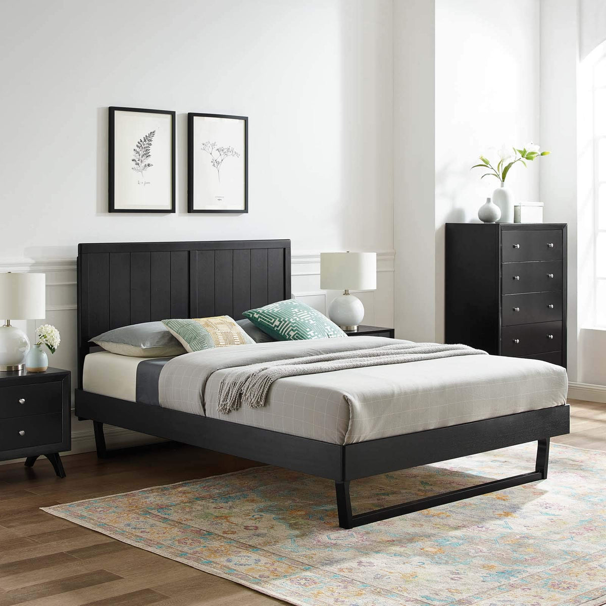 Modway Alana Wood Twin Platform Bed In Black With Angular Frame, Single