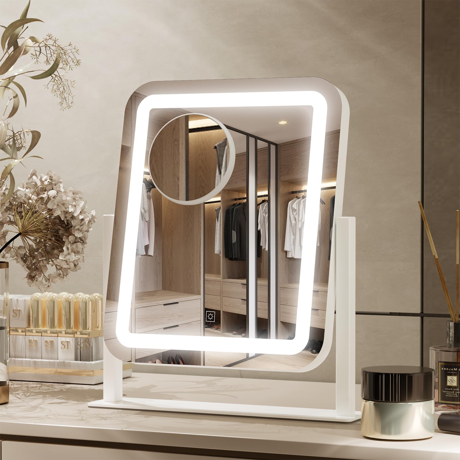 PRIMETEK Vanity Mirror with Lights, 16x14 inch LED Lighted Makeup Mirror, Large Makeup Mirror with Lights, Touch Screen, 3-Color