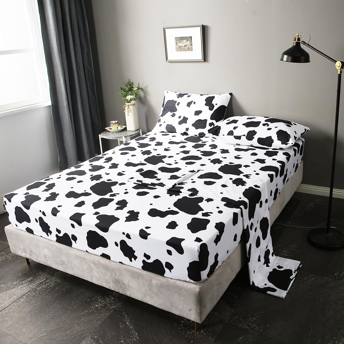 Winlife Cartoon Cow Print Sheet Set Black White Western Cow Sheets For Kids/Toddler/Boys/Girls Bed Sheets (1+ Fitted Sheet, 1+ F