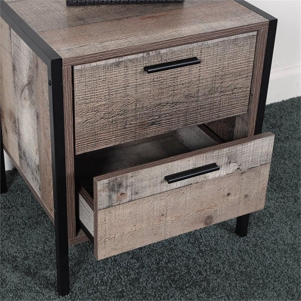 Os Home And Office Furniture Model Two Drawer Metal Frame And Legs Night Stand, Rustic Reclaimed Barnwood Laminate
