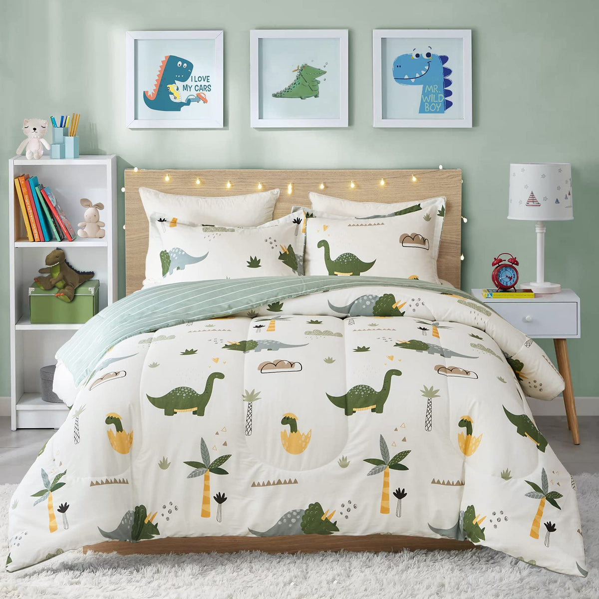 Joyreap Dinosaur Kids Cotton Comforter Set For Boys Girls, Twin Size 3Pcs Cotton Bedding Comforter, Fresh Green Dinosaurs On Whi