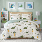Joyreap Dinosaur Kids Cotton Comforter Set For Boys Girls, Twin Size 3Pcs Cotton Bedding Comforter, Fresh Green Dinosaurs On Whi