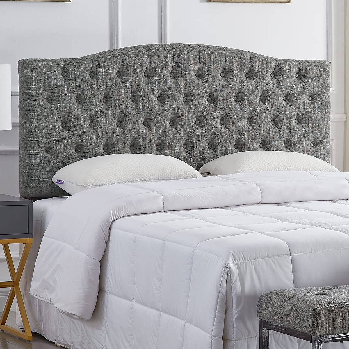 24KF Linen Upholstered Tufted Button Queen Headboard and Comfortable Fashional Padded Queen/Full Size headboard - Granite