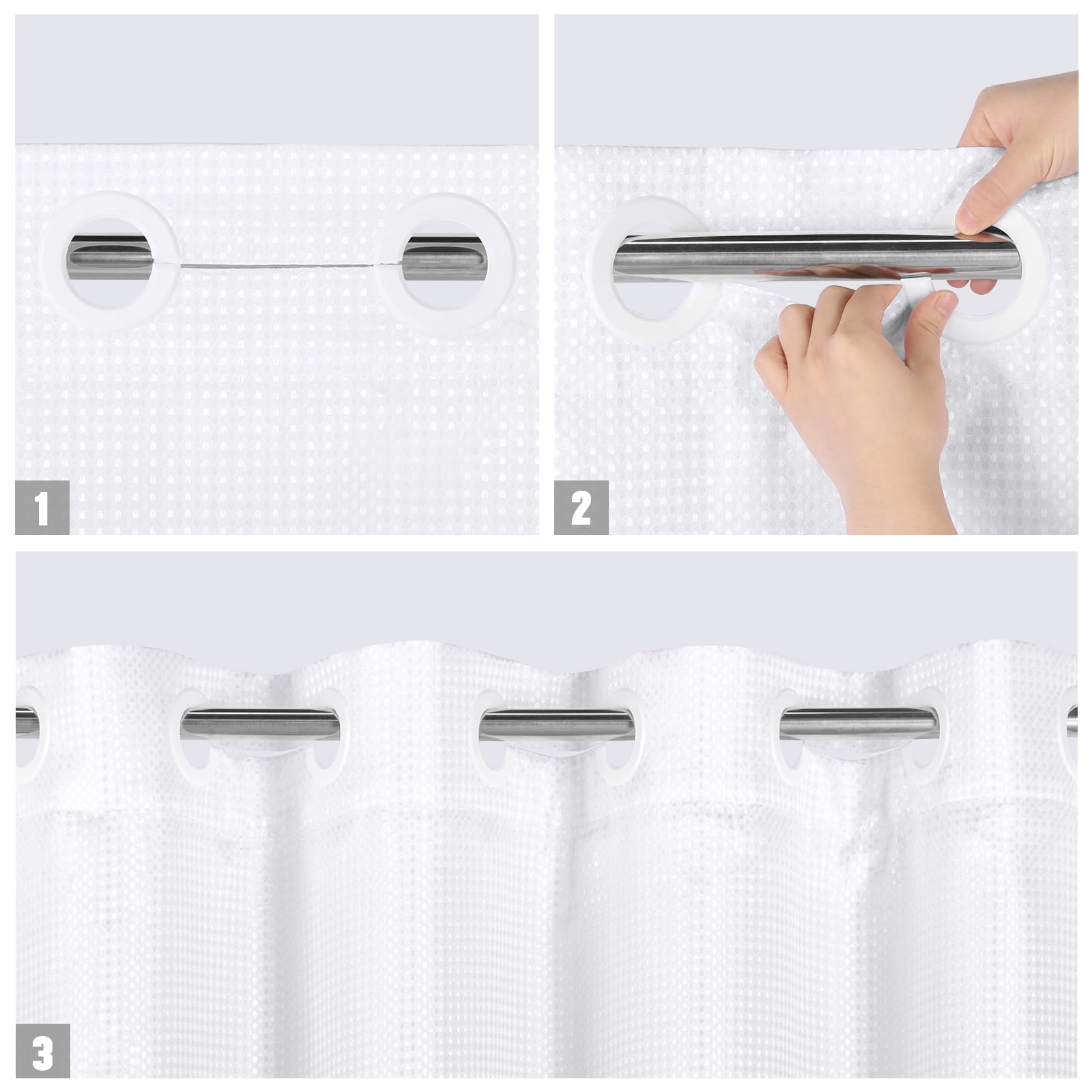 Mitovilla No Hooks Needed Black Ombre Waffle Shower Curtain With Snap-In Liner, Modern Waffle Weave Heavy Duty Fabric Cloth Show