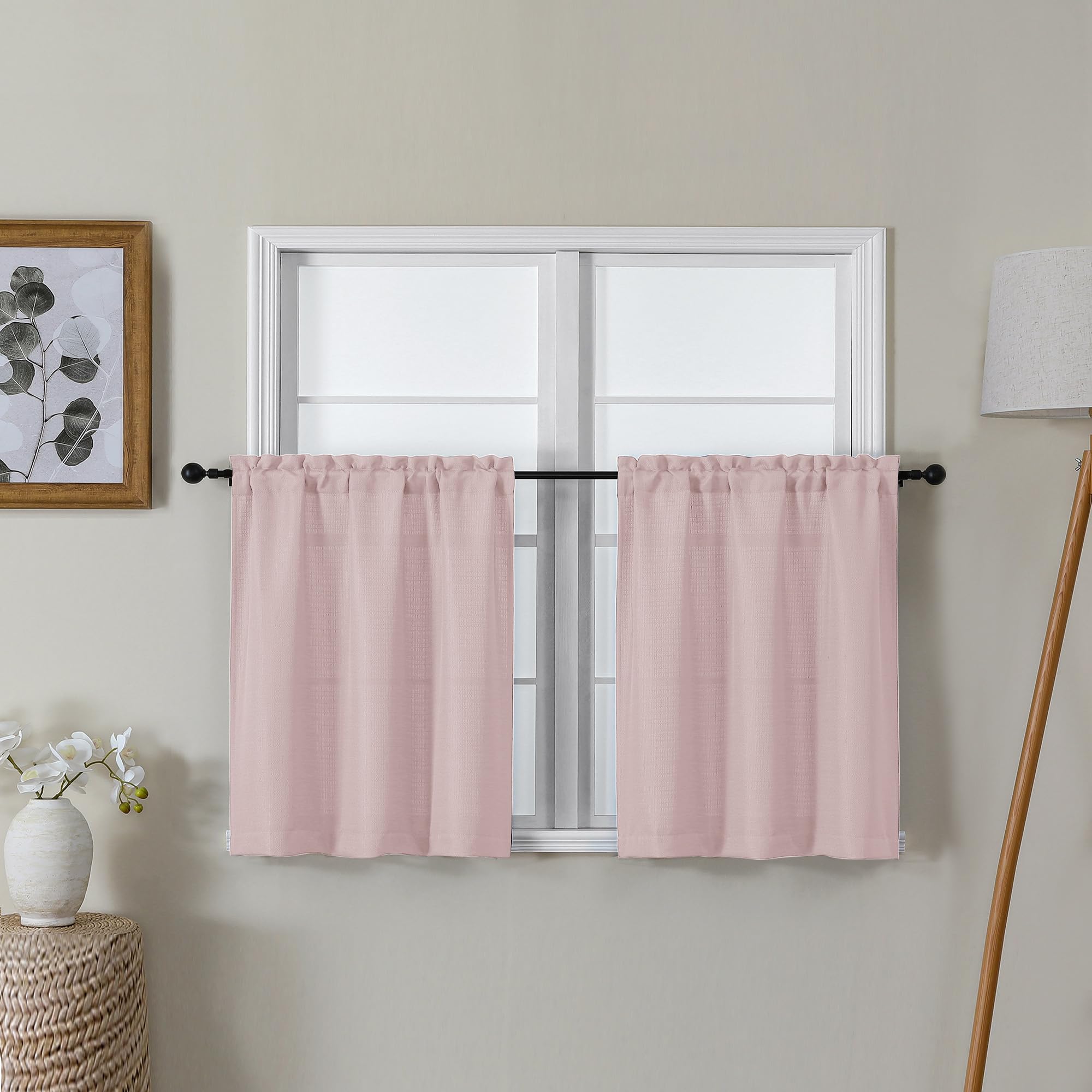 Lecloud Bessie Blush Pink Kitchen Curtains 24 Inch Length 2 Pcs, Faux Linen Textured Short Curtains for Small Windows, Light Fil