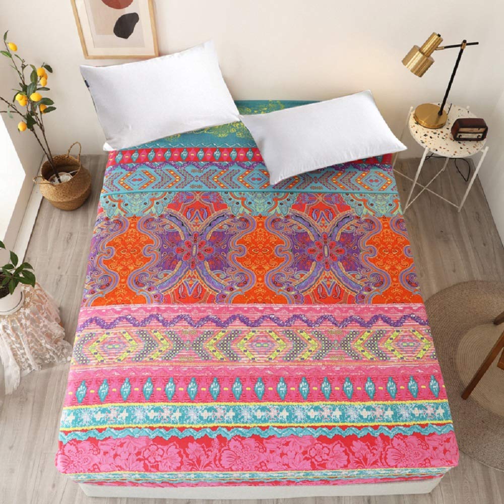 Naturety Bedding Fitted Sheet With Deep Pocket,Bohemian Printed Soft Fabric Bed Sheets (Red(Boho), Twin)