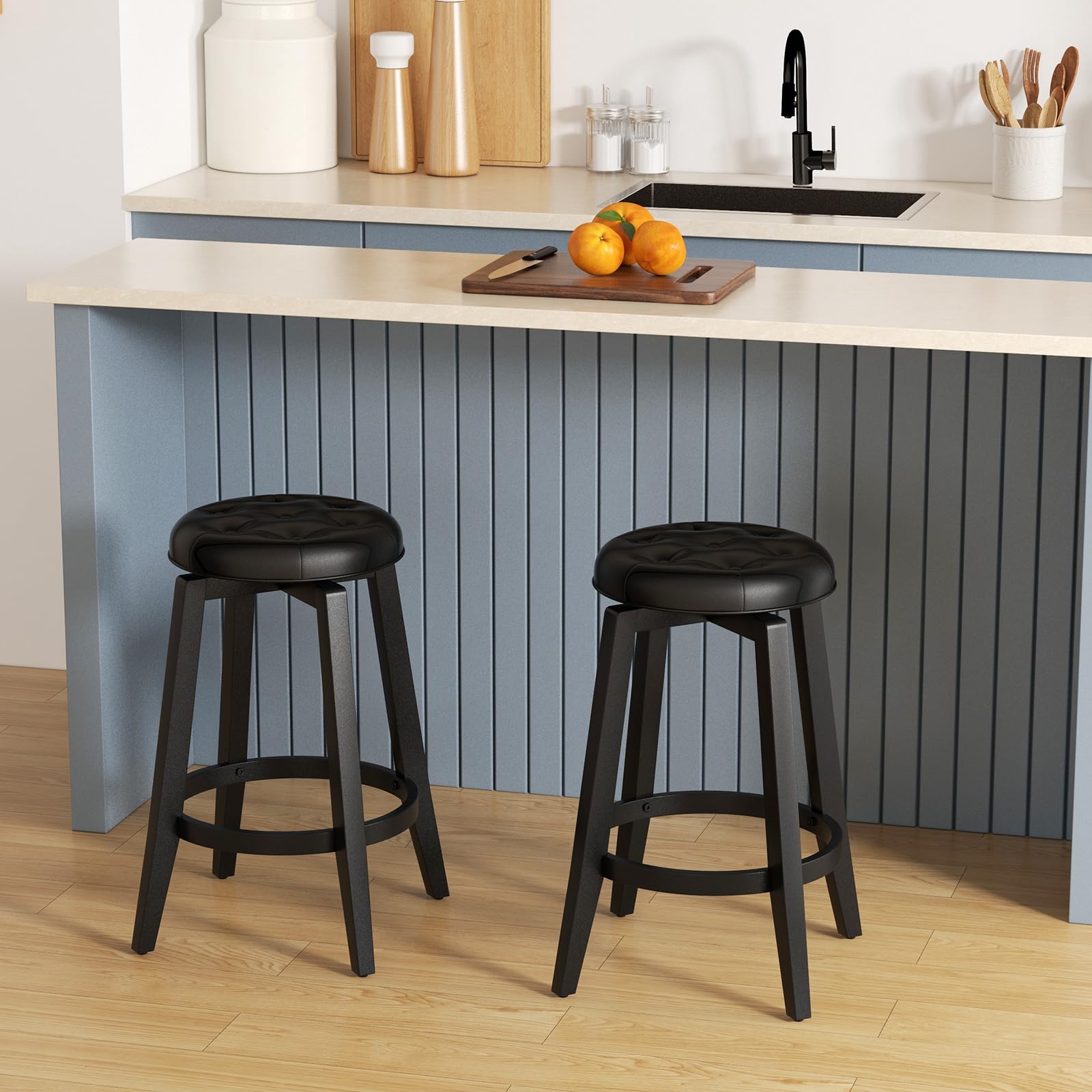 Costway 360° Swivel Bar Stools Set Of 2, 26-Inch Height Vintage Upholstered Rubberwood Backless Bar Chairs With Footrest, Retro Kitchen Counter Stools For Kitchen Island Dining Room Home Bar, Black