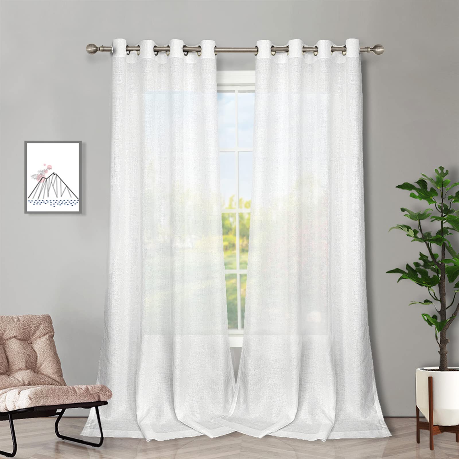 Melodieux White Semi Sheer Curtains 63 Inches Long For Living Room, Linen Look Bedroom Grommet Top Voile Drapes, 52 By 63 Inch (