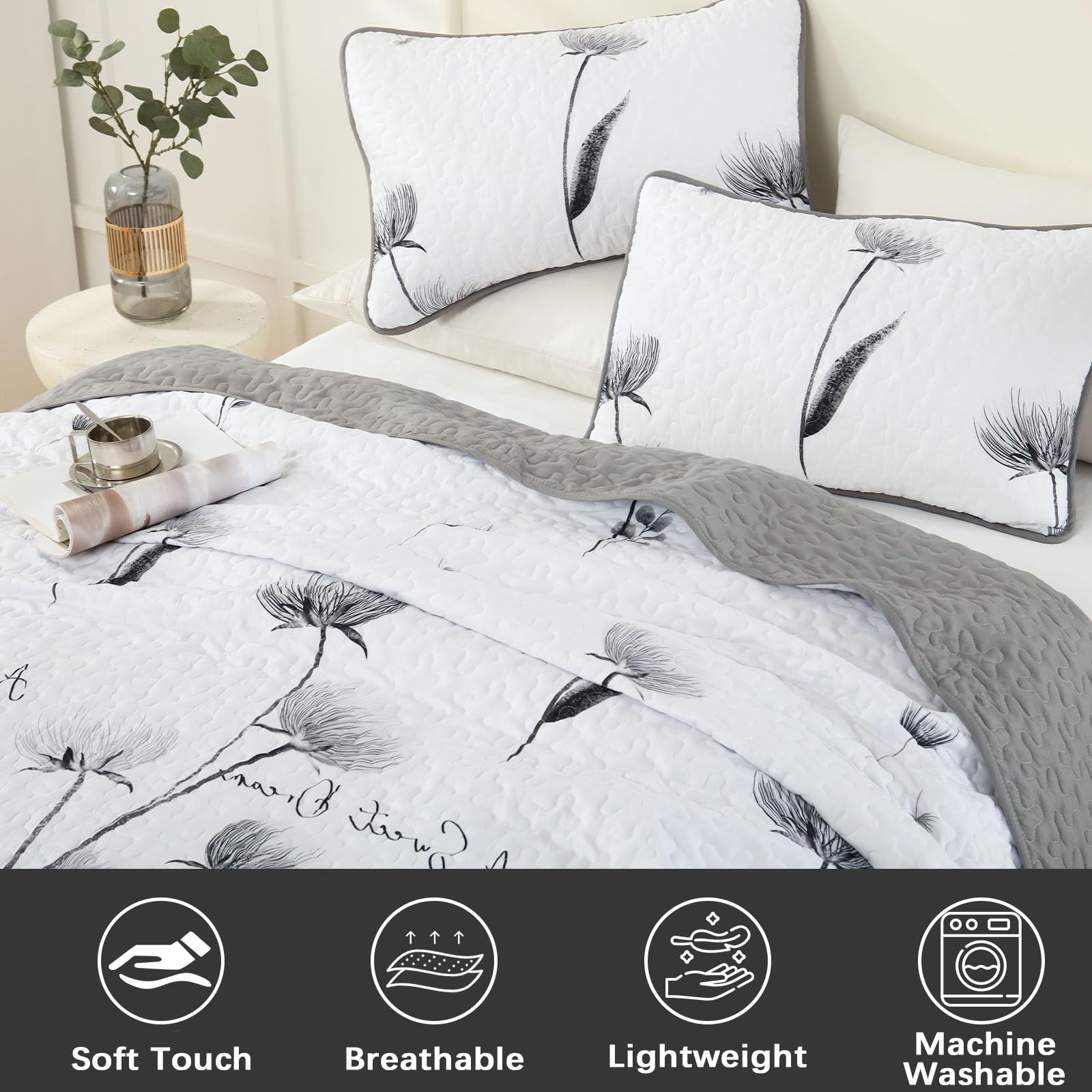 King Size Quilt Set Floral,3 Pieces Grey & White Quilts Coverlet Set Flower Bedspreads Bed Cover Lightweight Fall Quilt Light Gr