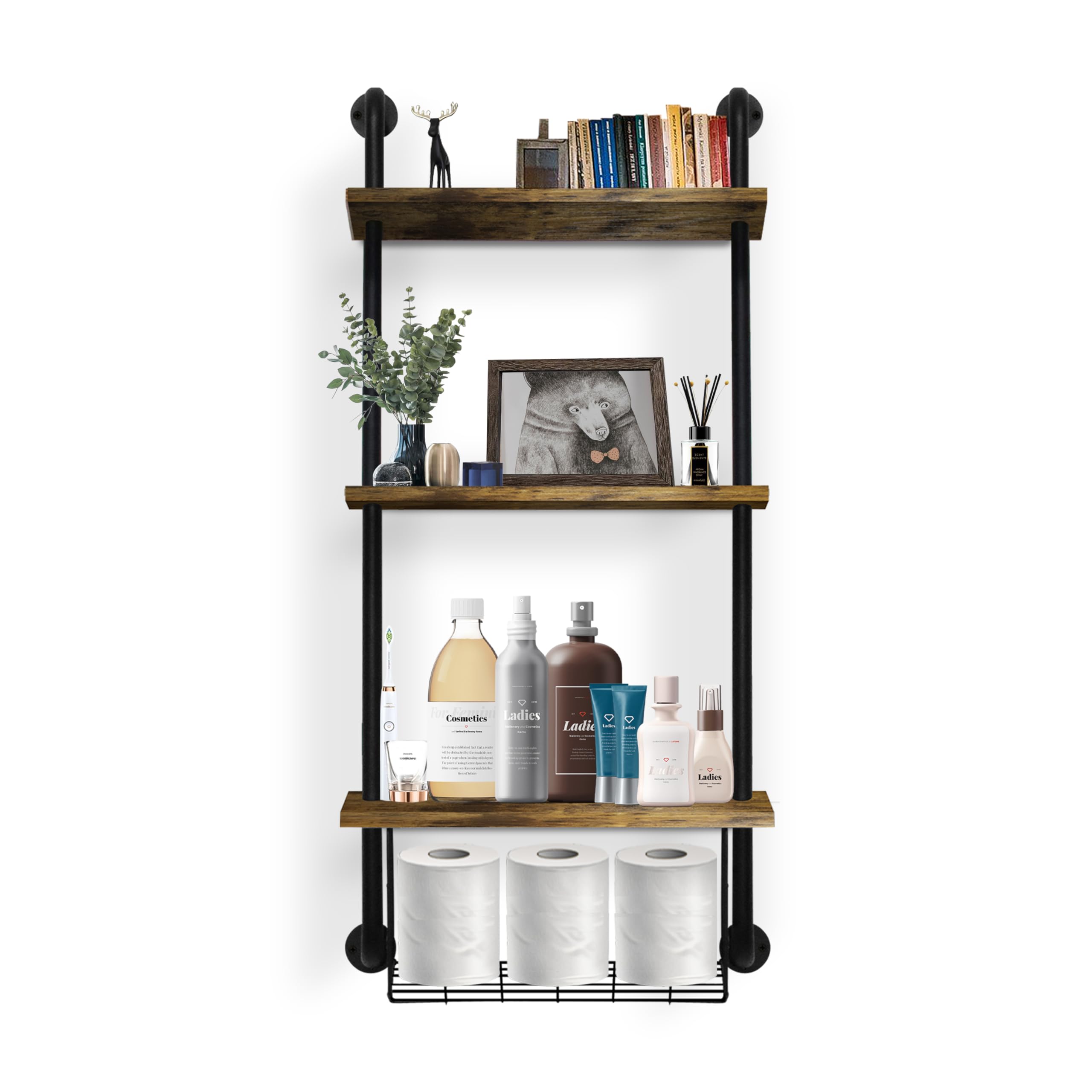 Gilpwa 3-Tier Bathroom Shelves, Wall Mounted Floating Shelves With Basket, Easy Assemble Industrial Pipe Shelving, Anti-Rust Wal