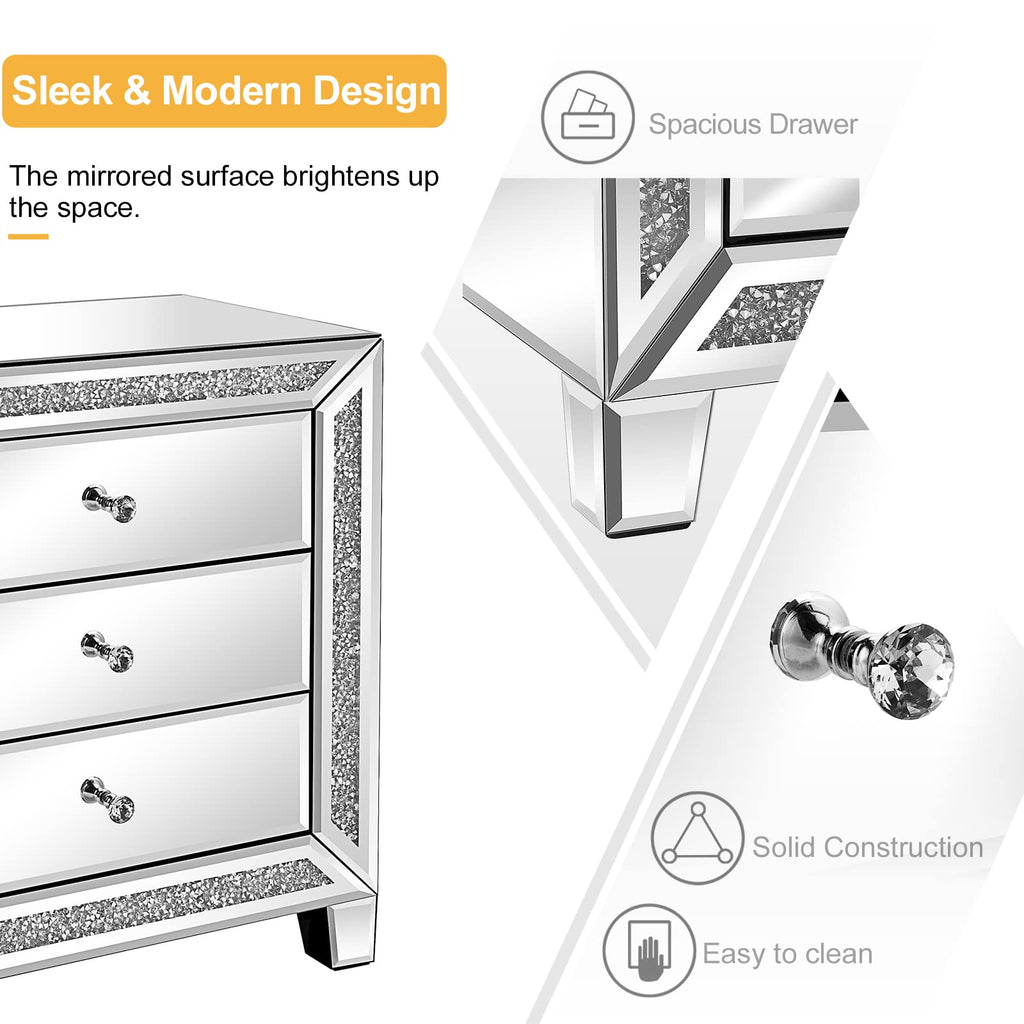 VINGLI Mirrored Nightstands Set of 2, Modern Bedside Table, 3 Drawer Glass Side End Table, Silver, 23" W x 13.8" D x 24.8" H