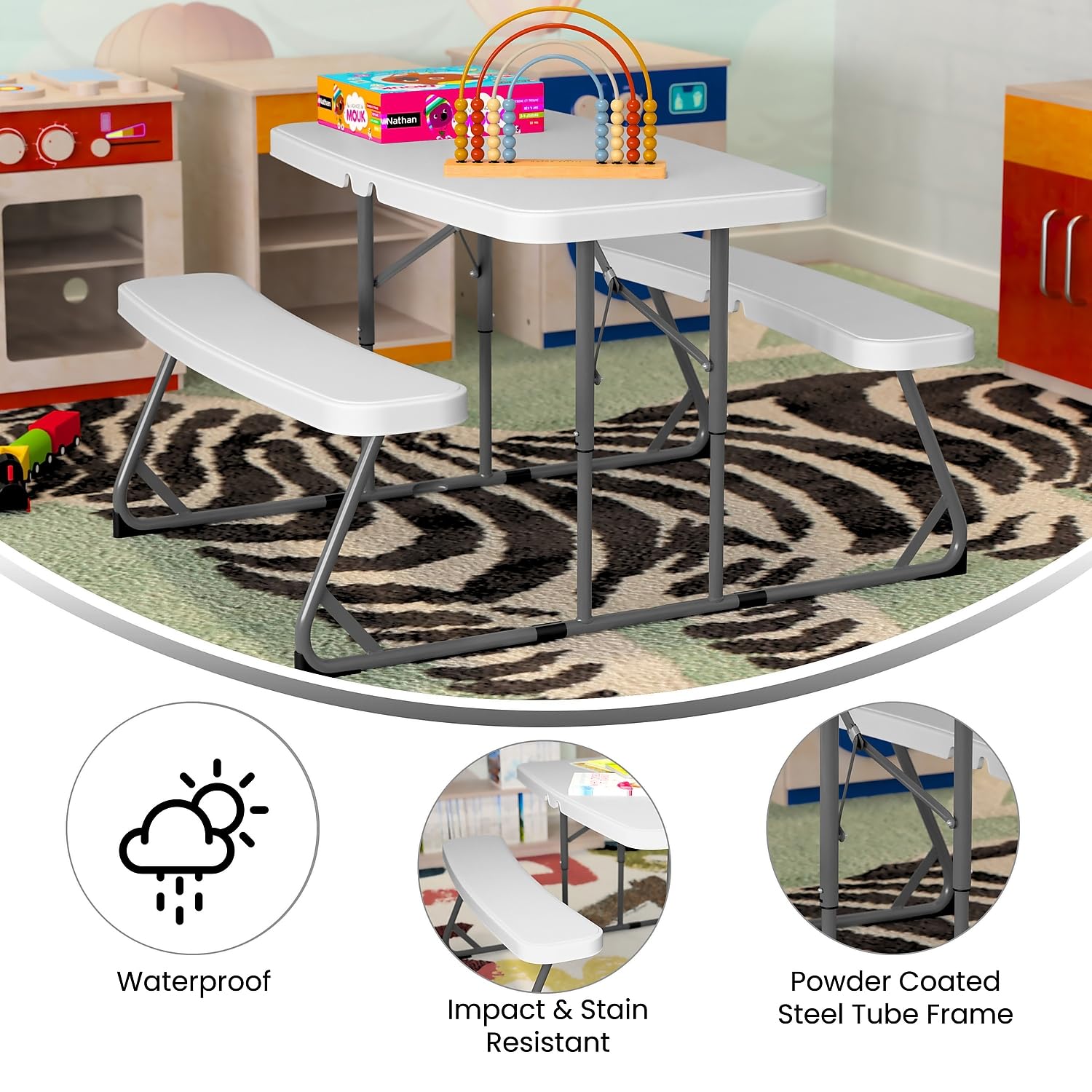 Flash Furniture Paige Easy-Fold Kids Outdoor Picnic Table And Benches - Commercial Grade Folding Plastic Play Table - Recommended For Up To Age 5 - White