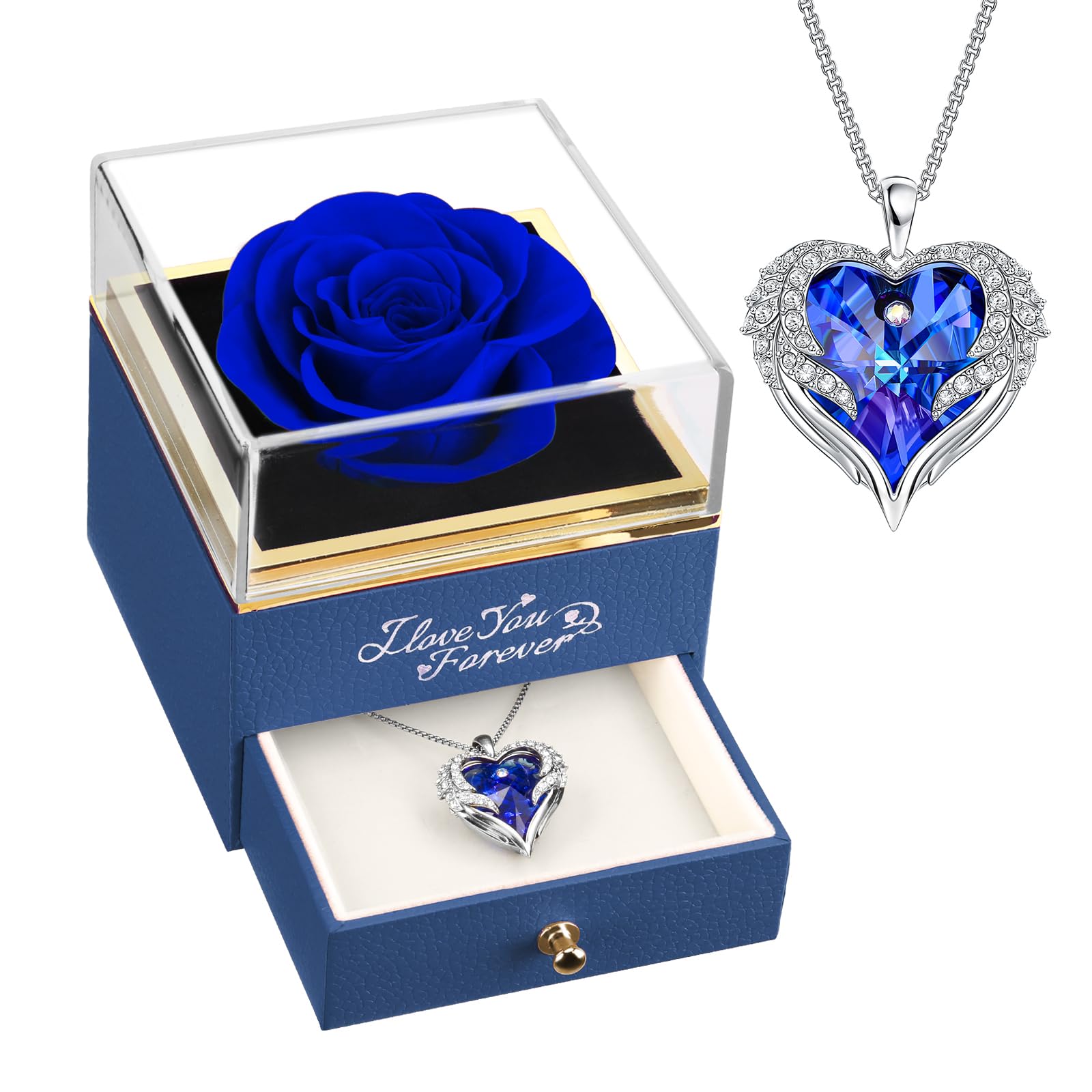 NEWNOVE Mothers Day Gifts - Preserved Real Blue Rose with Angel Wings Necklace - Flower Gifts for Women Wife Girlfriend Mom and 