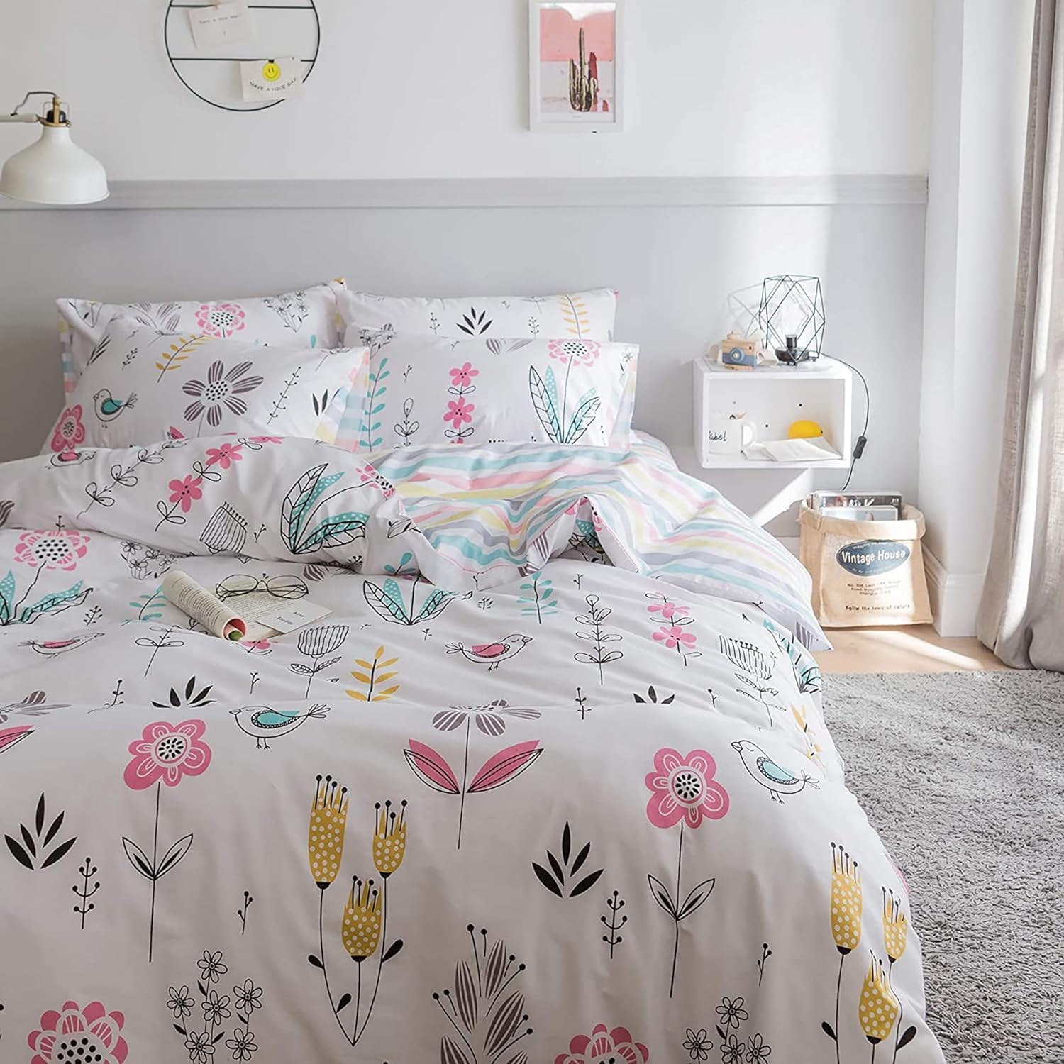 Boho Floral Duvet Cover Full Size Girls Floral Print Bedding Sets Garden Style Aesthetic Duvet Cover Cotton Floral Comforter Cov