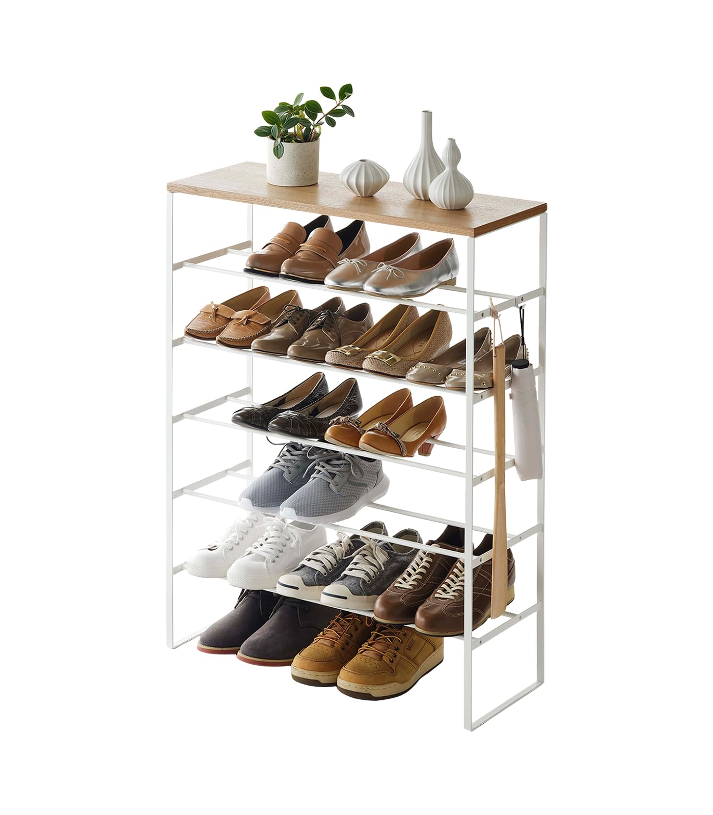 Yamazaki Home 6 Tier Wood Top Shoe Rack Steel One Size White