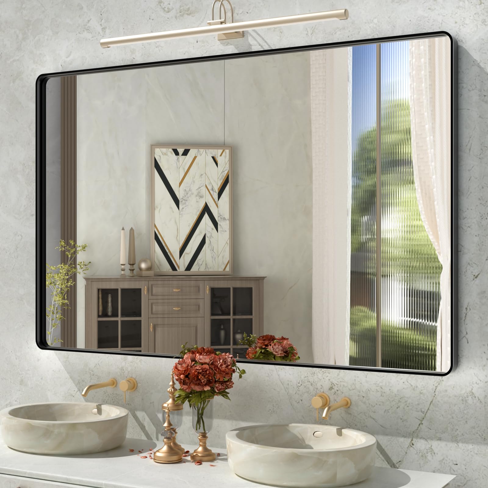 ISTRIPMF Bathroom Mirror Black,55x36 Inch Large Matte Black Bathroom Vanity Mirror,Rectangle Black Metal Framed Mirror for Wall,
