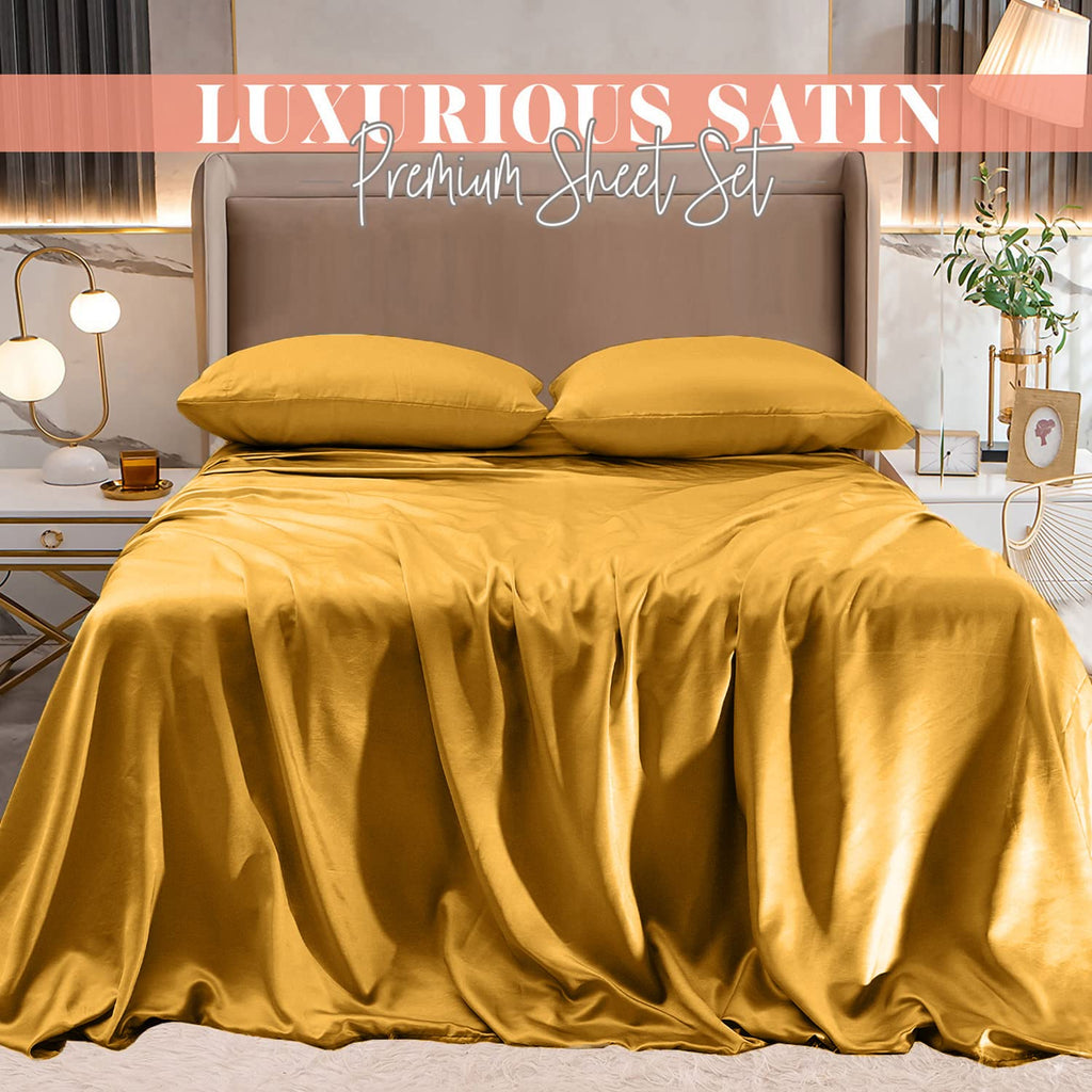 Elegant Comfort Luxurious 4-Piece Silky Satin Sheet Set, Skin And Hair Friendly, Wrinkle, Fade, Stain Resistant With Deep Pockets Fitted Sheet, Cooling Soft Satin Sheet Set, Full, Gold