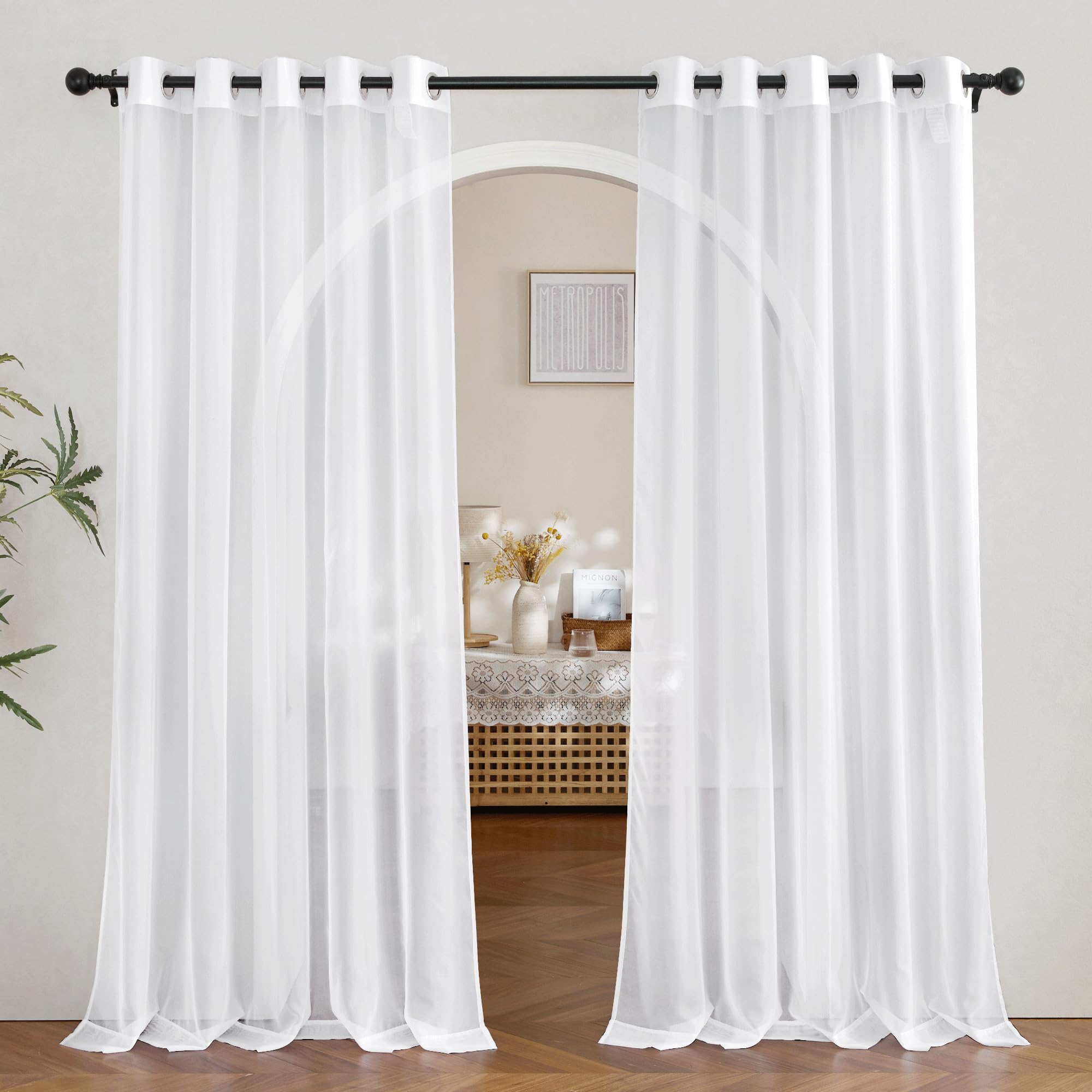 Nicetown Voile White Sheer Curtains 84 Inches Long For Sliding Glass Door, Grommet Casual Airy & Elegant Extra Wide Window Treat