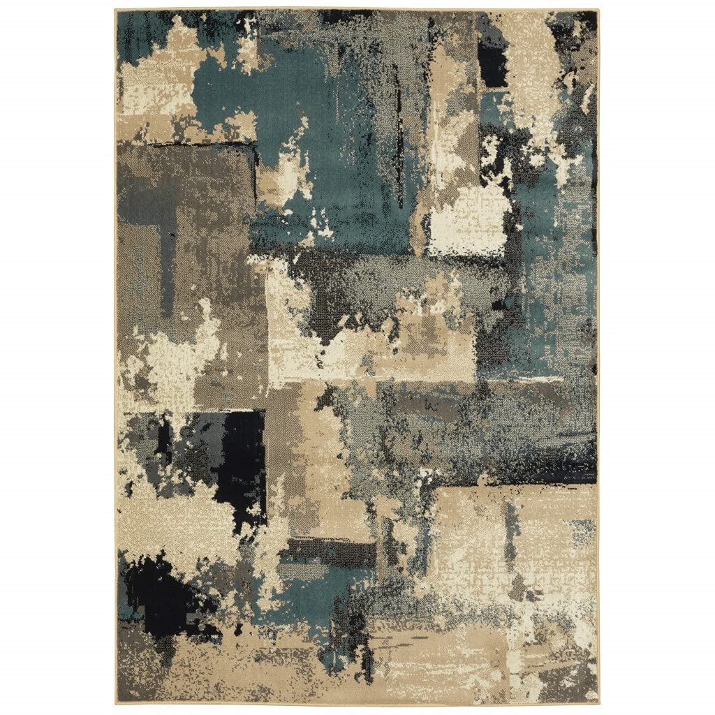 HomeRoots Polypropylene 7’ x 9’ Beige and Blue Block Indoor Area Rug