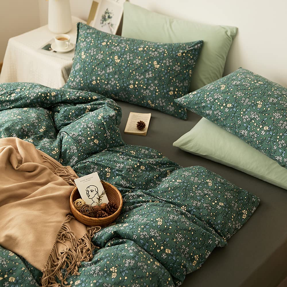 Lifetb Green Floral 100% Jersey Knit Cotton Duvet Cover Queen Vintage Style Botanical Floral Bedding Set Chic Shabby Green Flora