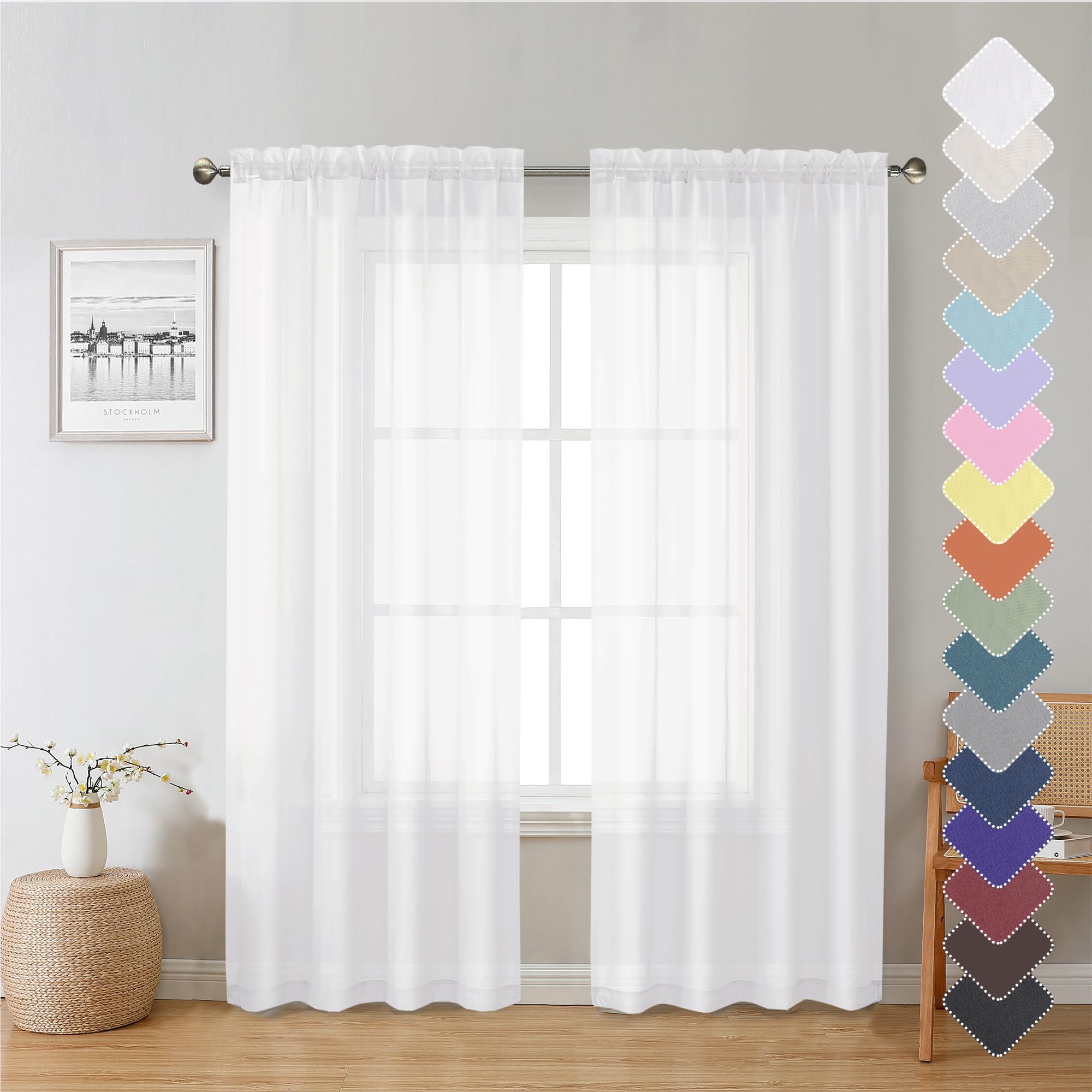 Lecloud White Sheer Curtain Panels 72 Inch Length, Light Filtering Window Curtain Drapes Treatment For Living Room, Breathable R