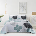 3 Pieces Floral Quilt King Size - Elegant Grayish Blue Reversible Bedspread Bedding Set With 2 Pillowcases, Soft Lightweight Flo