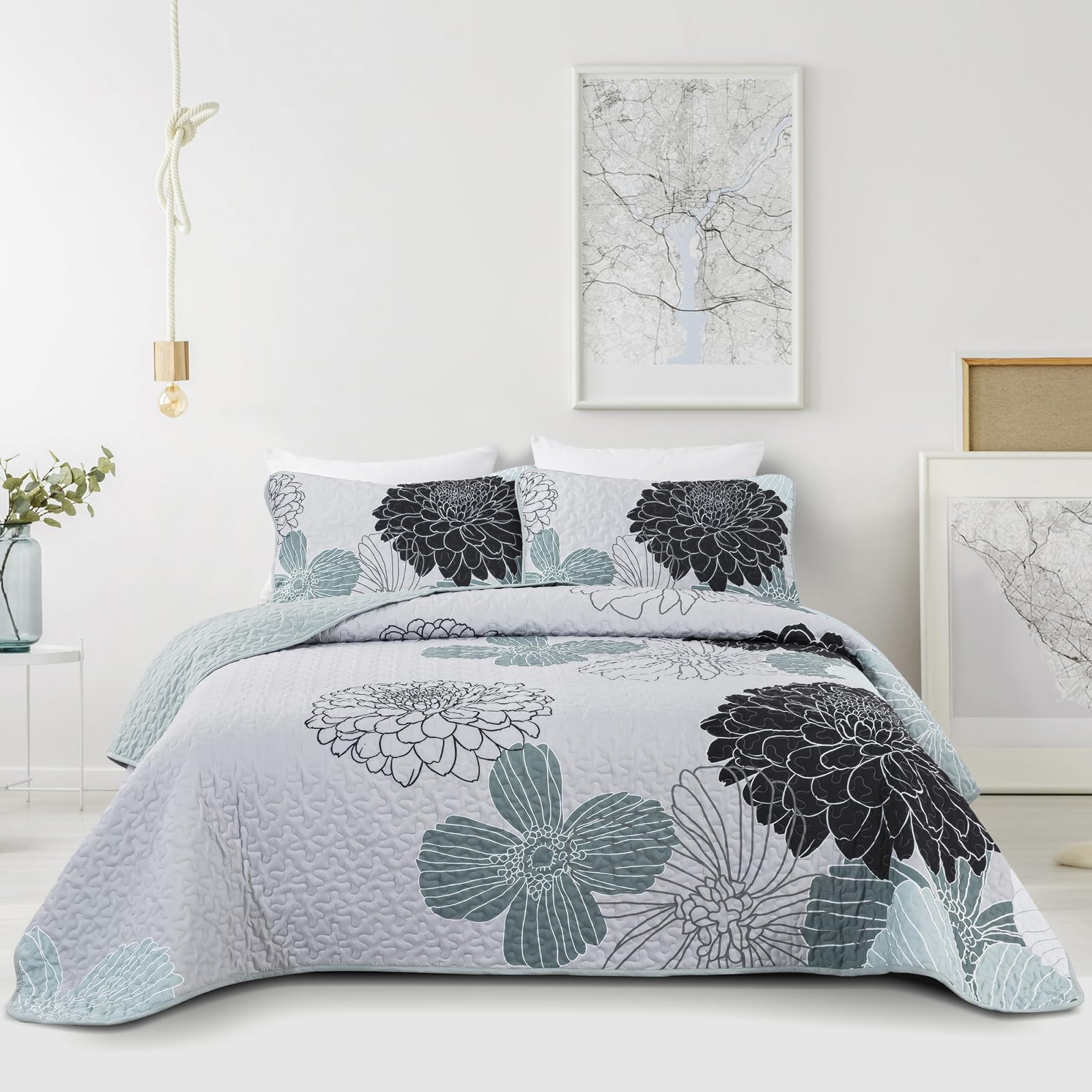 3 Pieces Floral Quilt King Size - Elegant Grayish Blue Reversible Bedspread Bedding Set With 2 Pillowcases, Soft Lightweight Flo